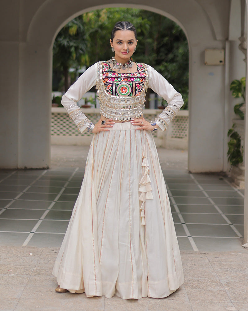 Off-White Roman Silk Gota Patti Lace and Kutchi Gamthi Embroidered Lehenga Choli