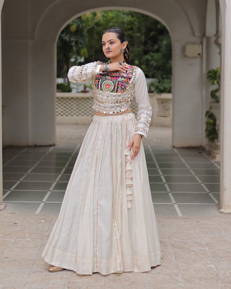 Off-white Roman silk Gota Patti lace and Kutchi Gamthi embroidered lehenga choli