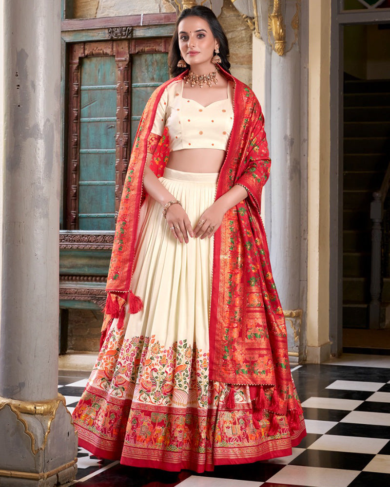 Off-White Silk Printed Foli Work Semi-Stitched Half Saree Lehenga