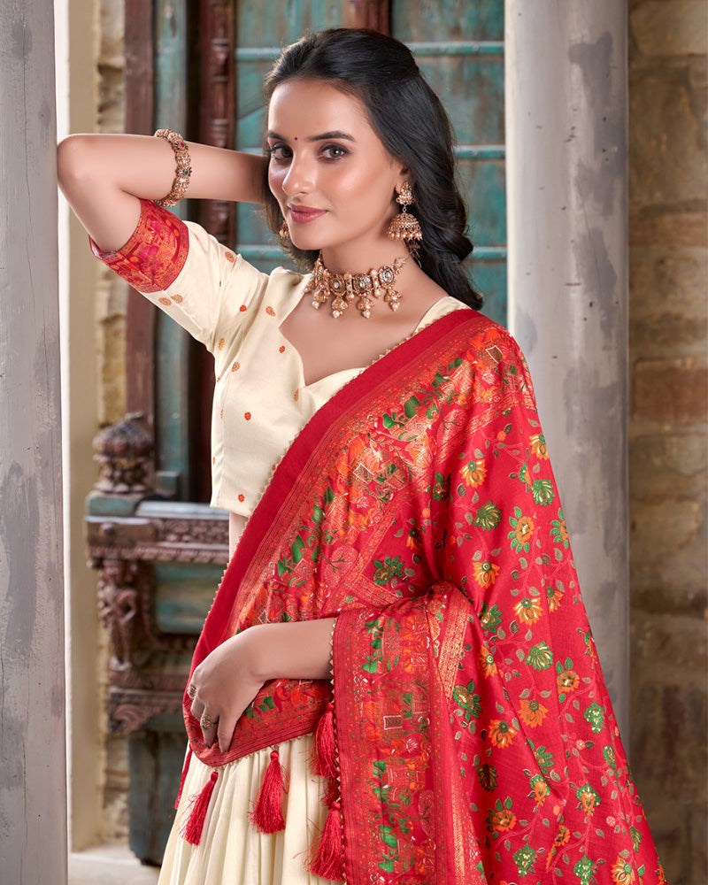 Off-White Silk Printed Foli Work Semi-Stitched Half Saree Lehenga