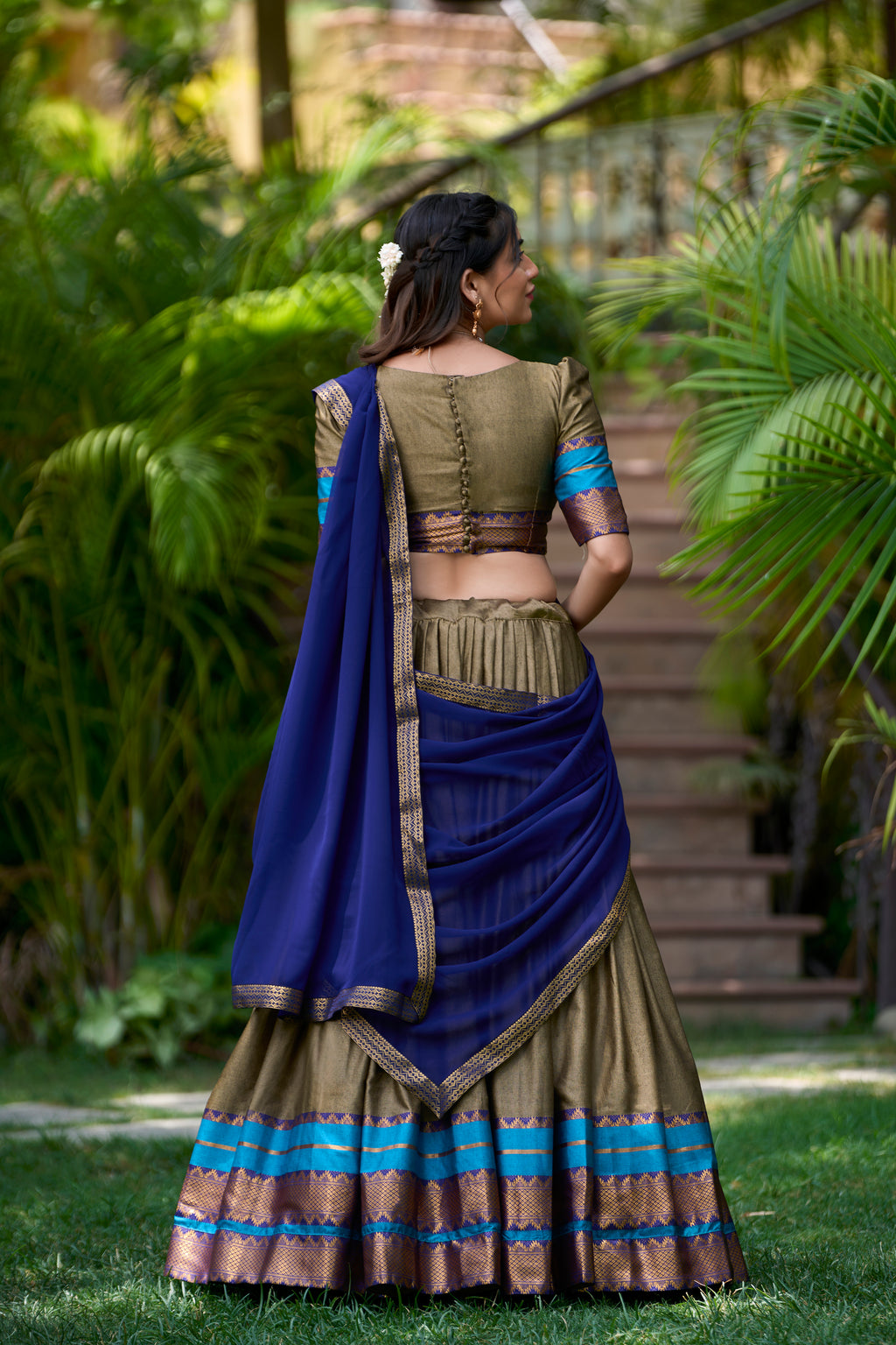 Olive Color Poly Cotton Zari Weaving Half Saree Lehenga Choli