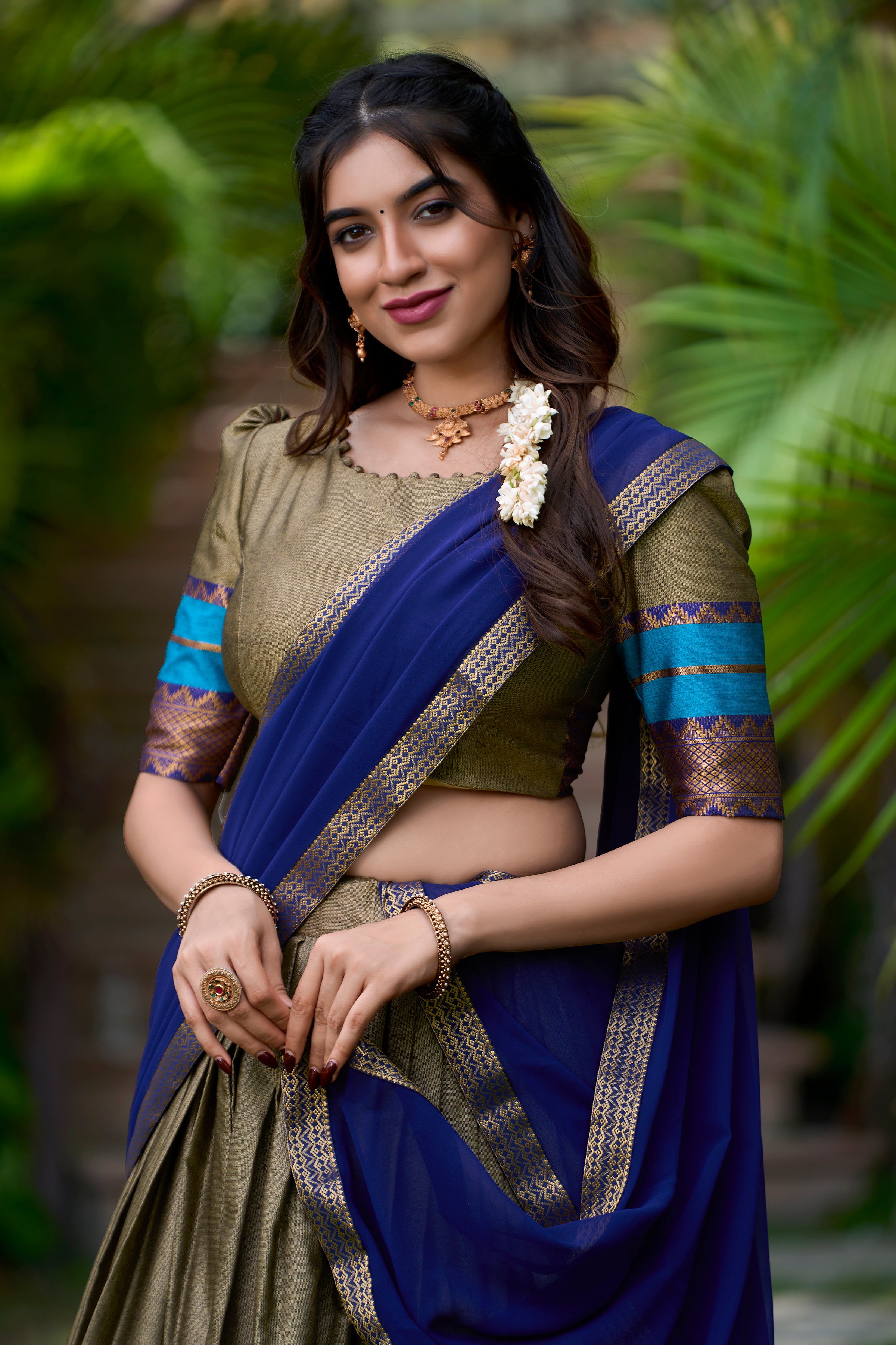 Olive Color Poly Cotton Zari Weaving Half Saree Lehenga Choli