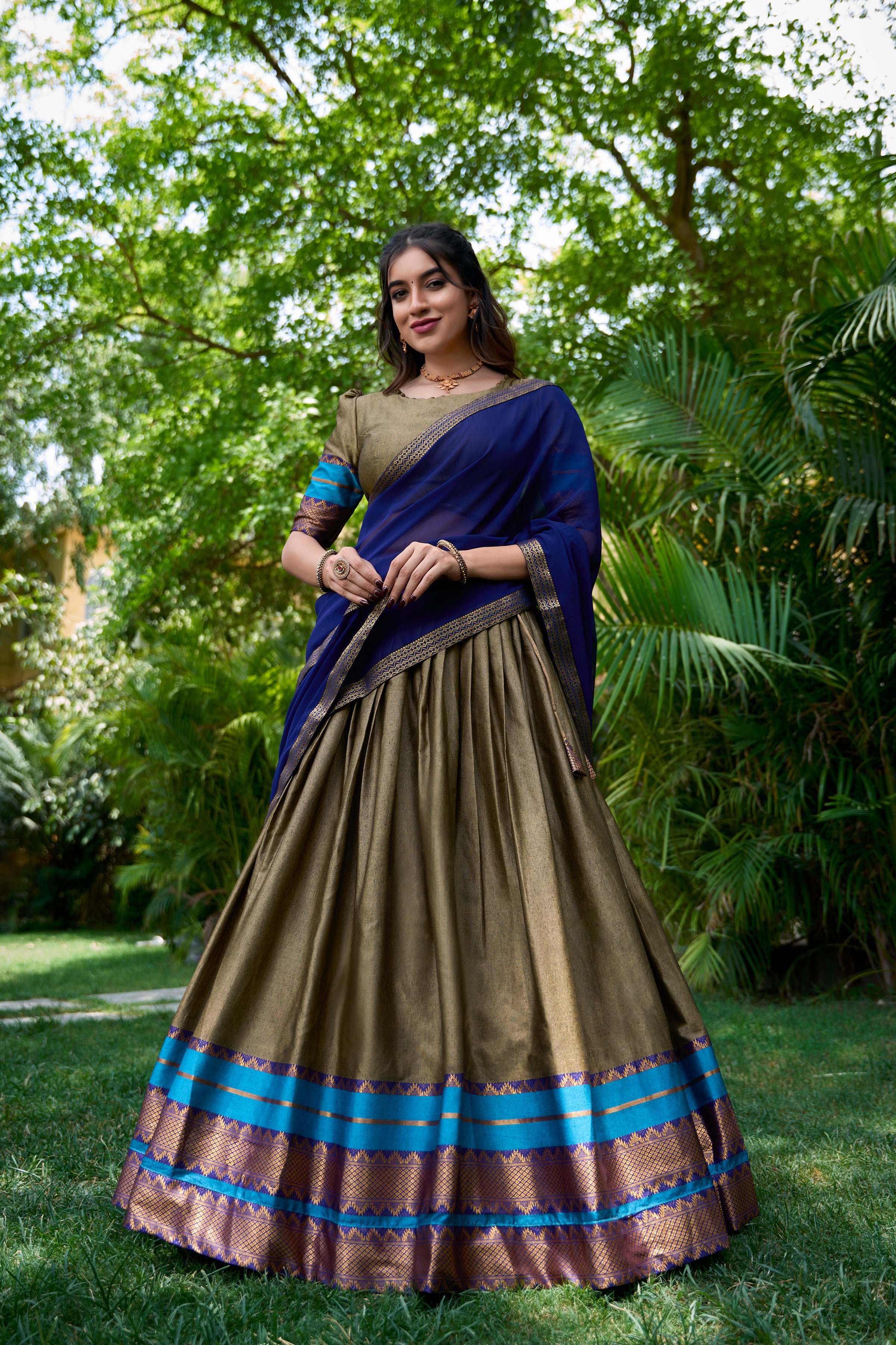 Olive Color Poly Cotton Zari Weaving Half Saree Lehenga Choli