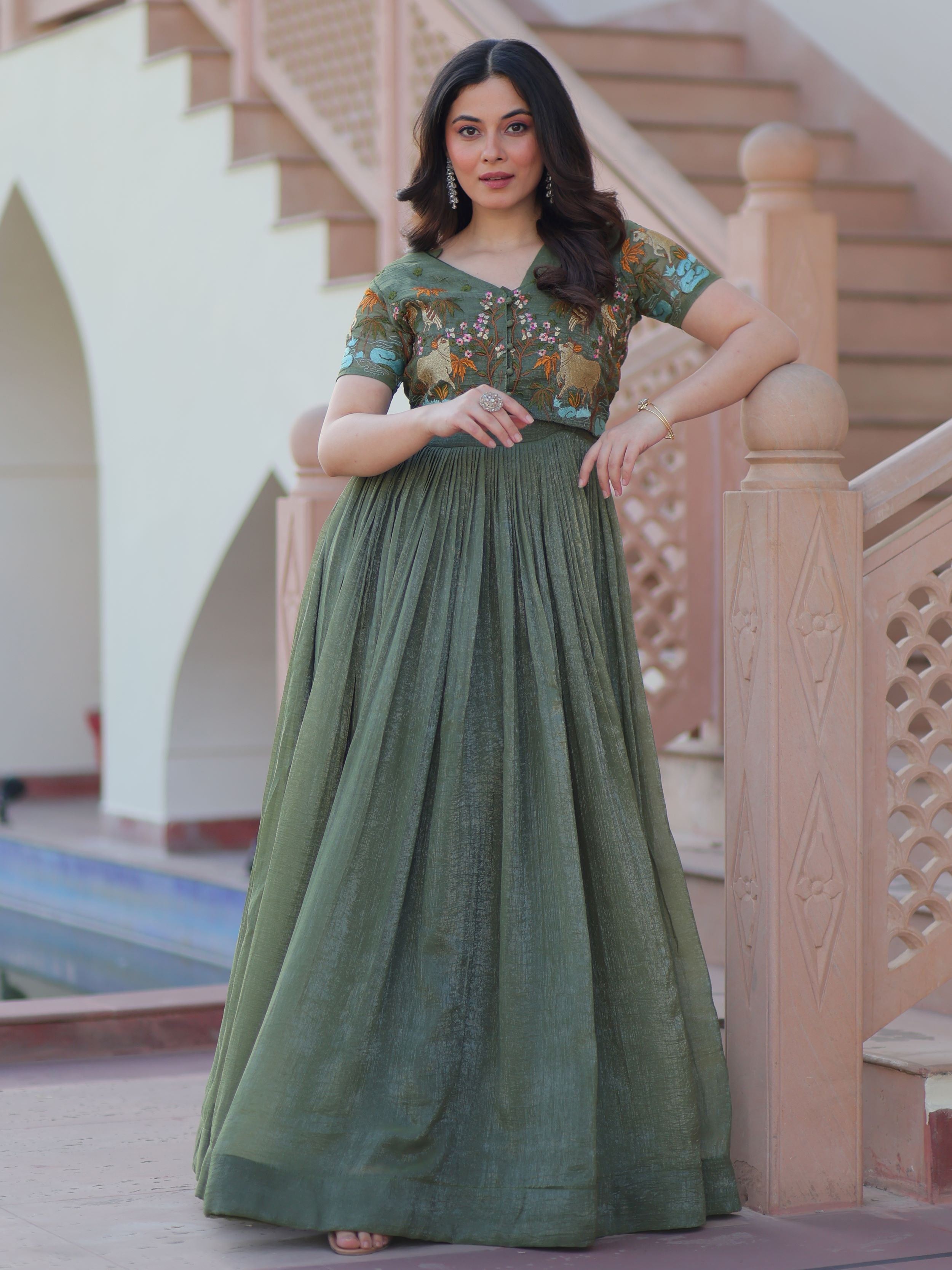 Shop Elegant Green Organza Embroidered Gown with Koti from Ethnic Plus L Shop Elegant Green Organza Embroidered Gown with Koti from Ethnic Plus L