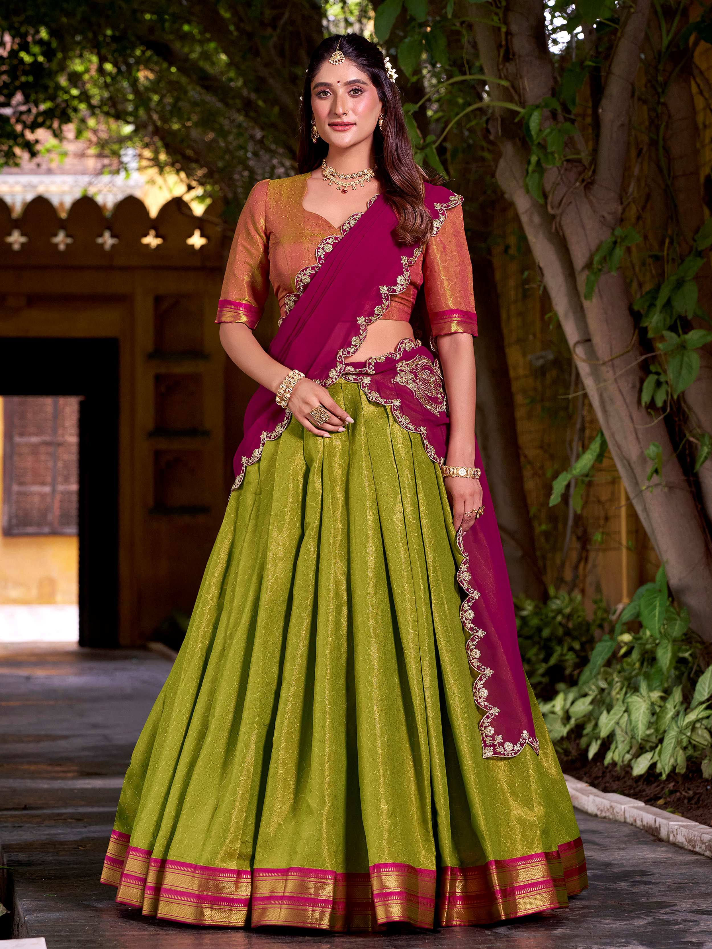Olive Green Zari Weaving Sequins Embroidered Kanchipuram Silk Lehenga Choli