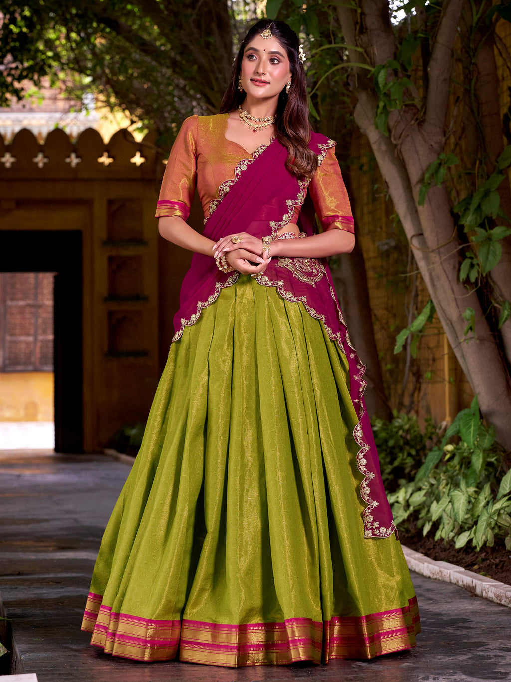 Olive Green Zari Weaving Sequins Embroidered Kanchipuram Silk Lehenga Choli