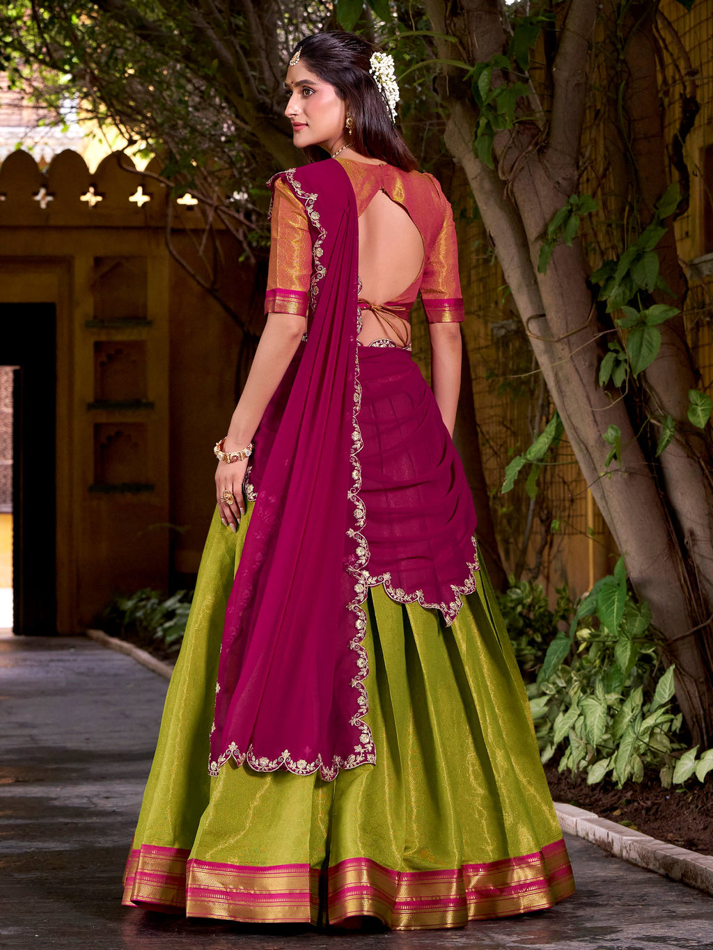 Olive Green Zari Weaving Sequins Embroidered Kanchipuram Silk Lehenga Choli