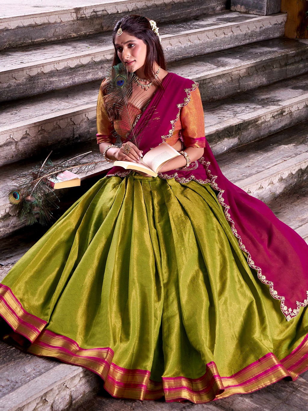 Olive Green Zari Weaving Sequins Embroidered Kanchipuram Silk Lehenga Choli