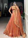 Orange fendi embroidered lehenga choli with sequins thread work dupatta