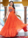 Orange Georgette Bandhani Print Real Mirror Gamthi Work Gown