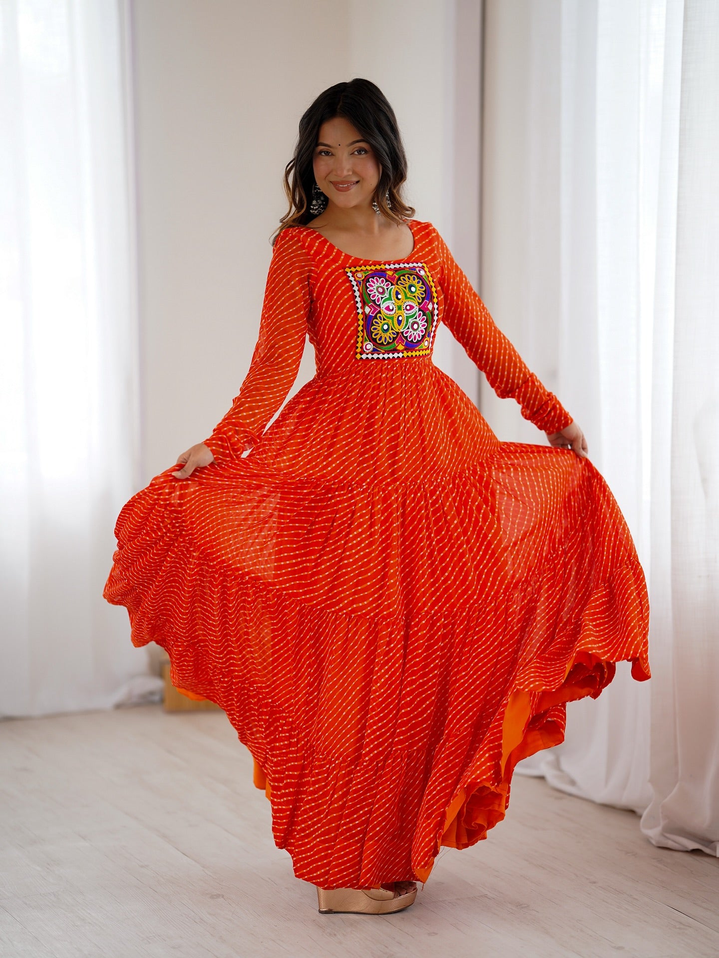 Manvitha Orange Georgette Leheriya Printed Navratri Gown