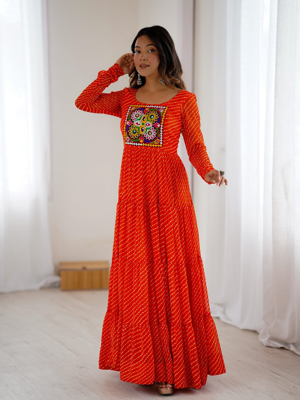 Manvitha Orange Georgette Leheriya Printed Navratri Gown