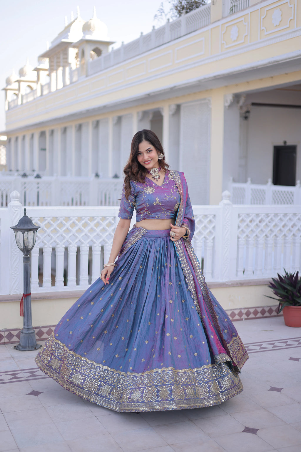 Oryana blue silk lehenga choli with sequins zari embroidered work