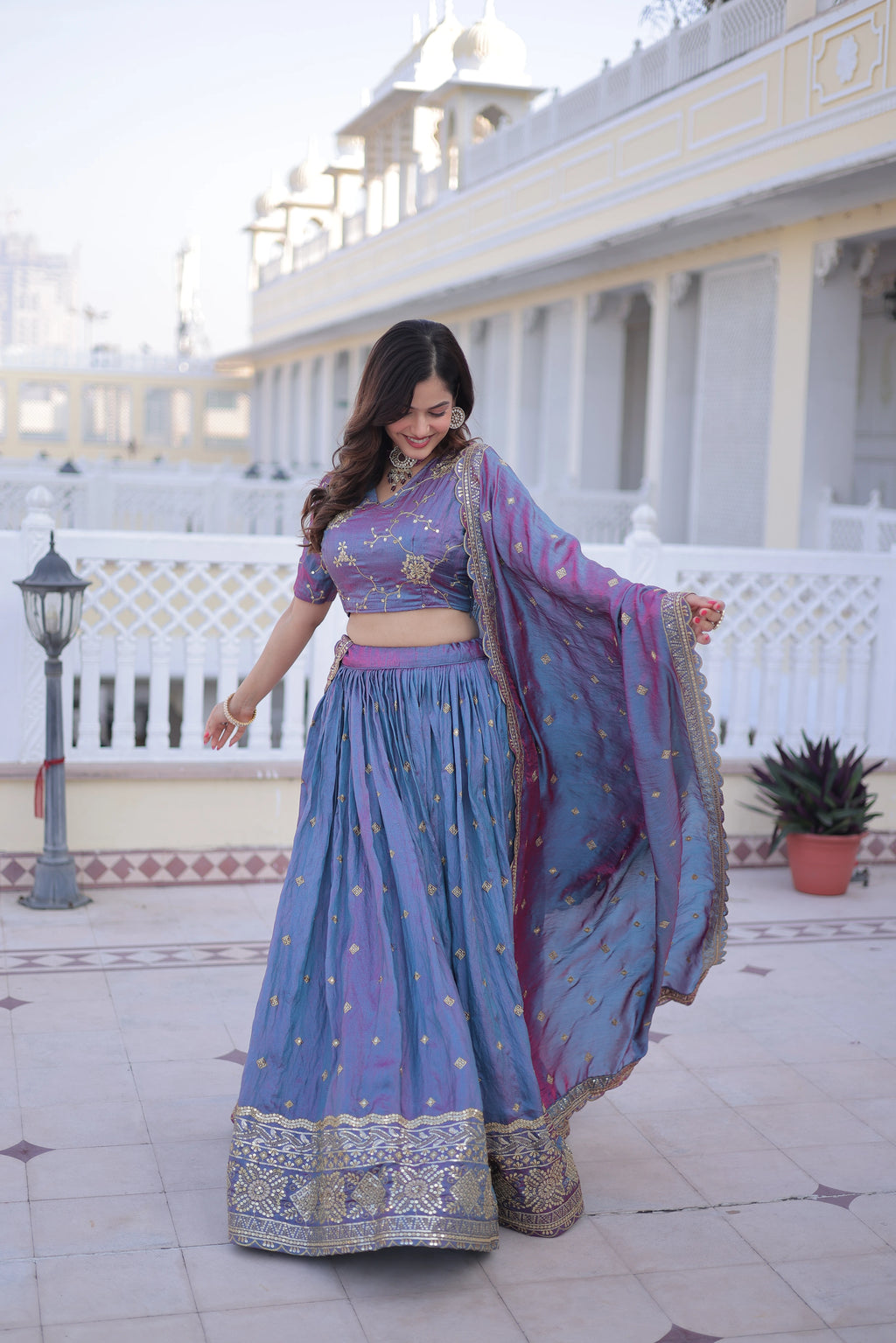 Oryana blue silk lehenga choli with sequins zari embroidered work