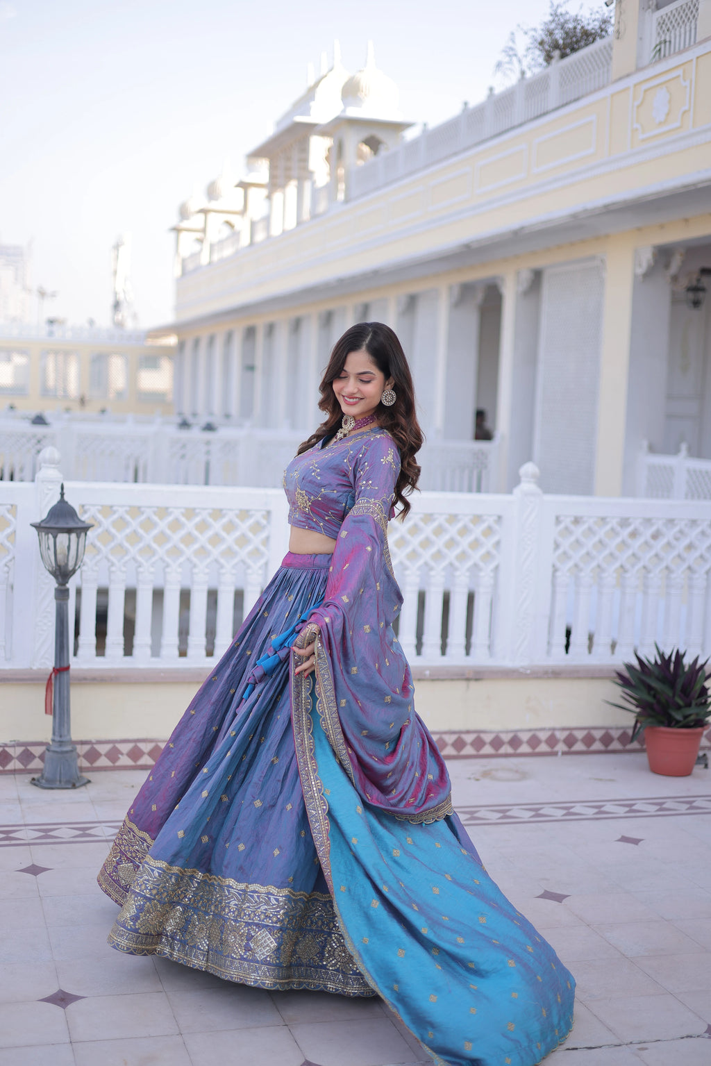 Oryana blue silk lehenga choli with sequins zari embroidered work