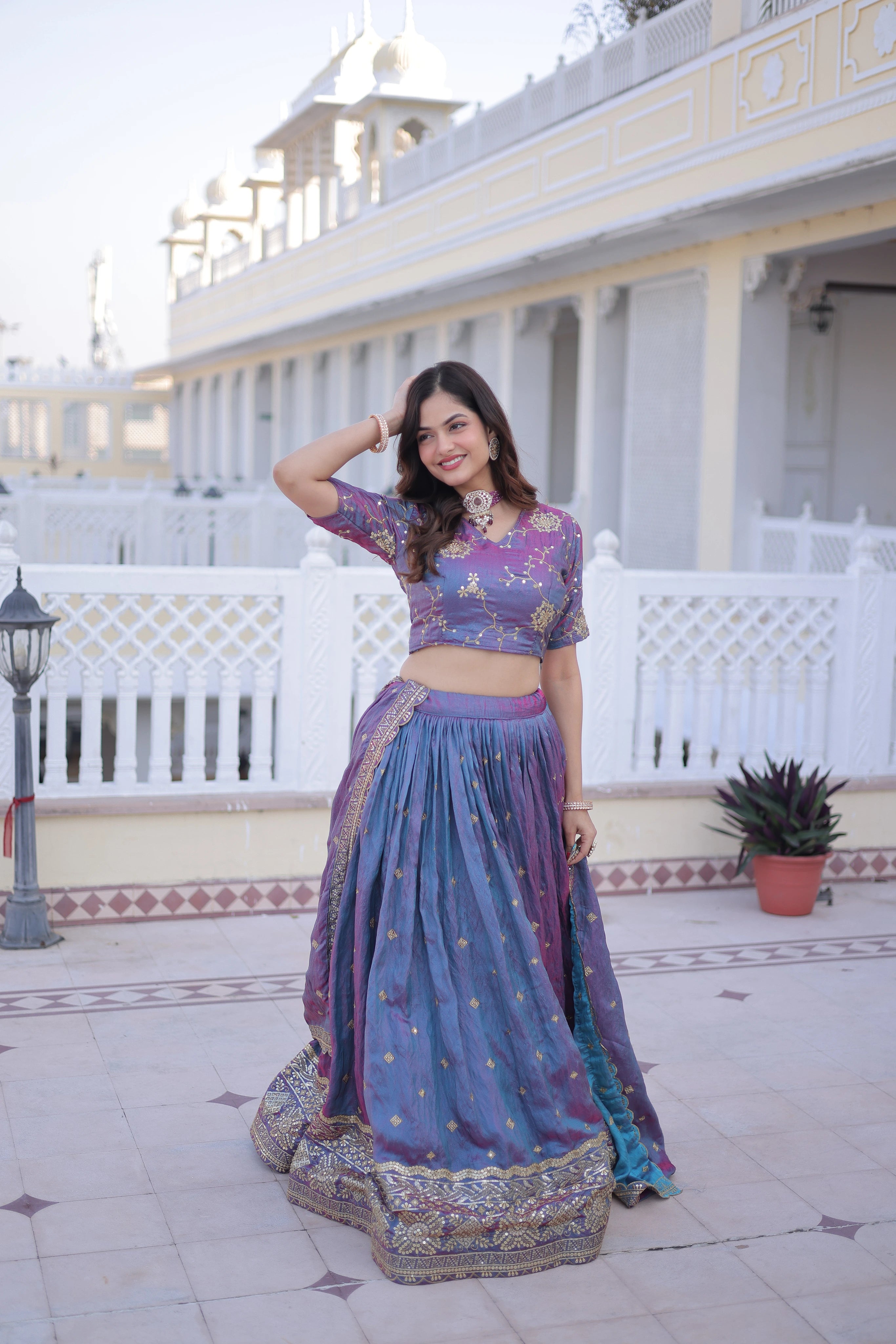 Oryana blue silk lehenga choli with sequins zari embroidered work