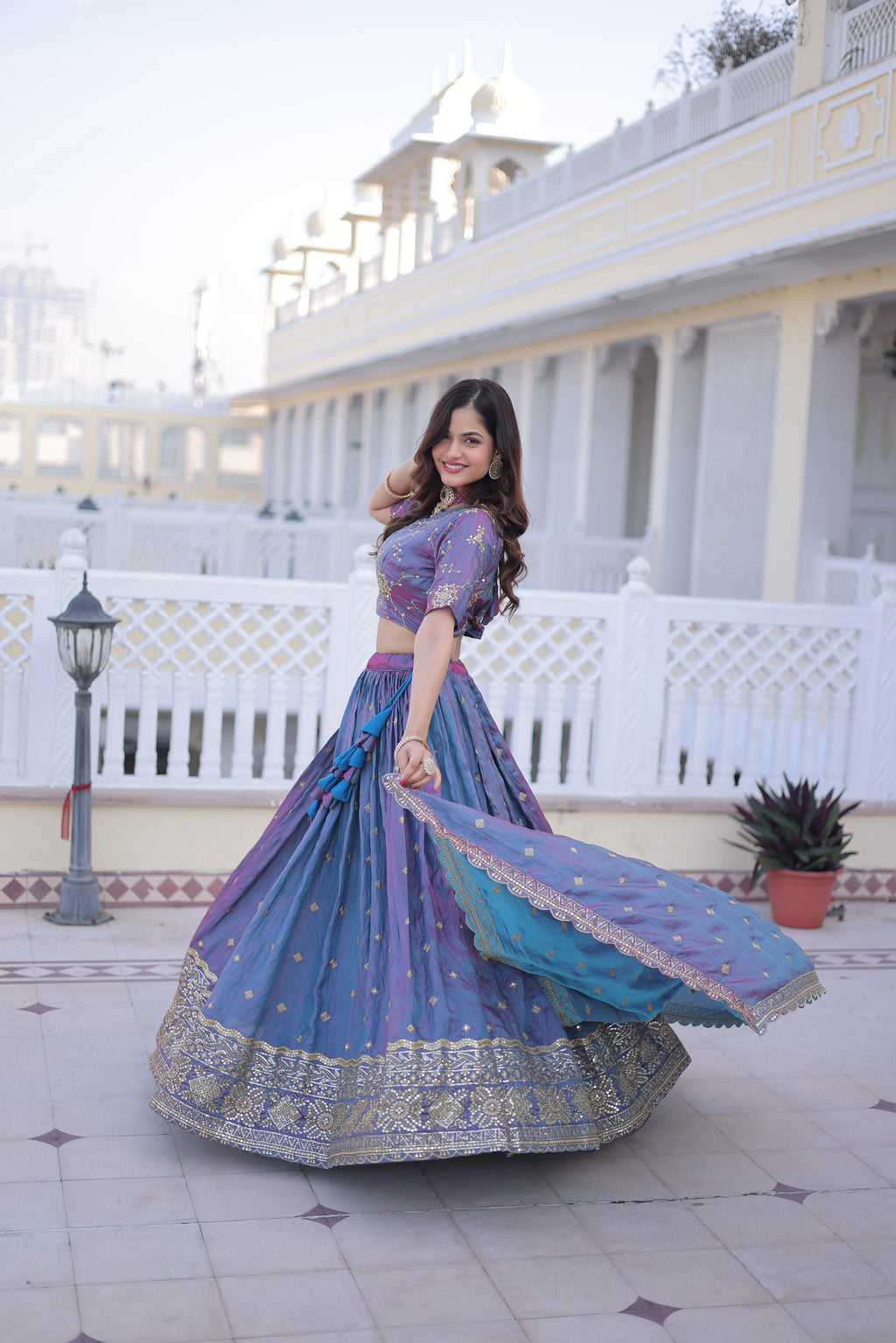 Oryana blue silk lehenga choli with sequins zari embroidered work