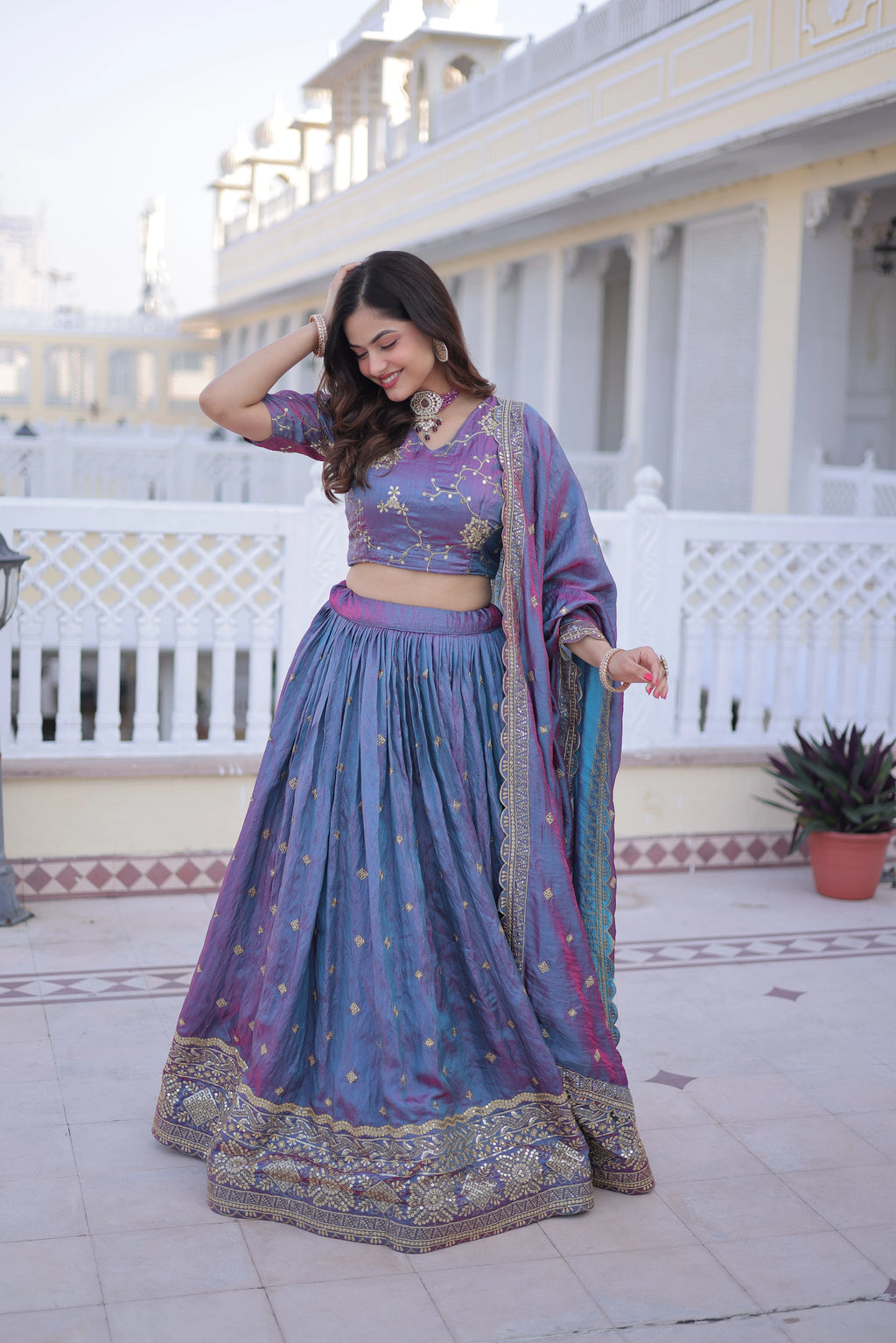 Oryana blue silk lehenga choli with sequins zari embroidered work
