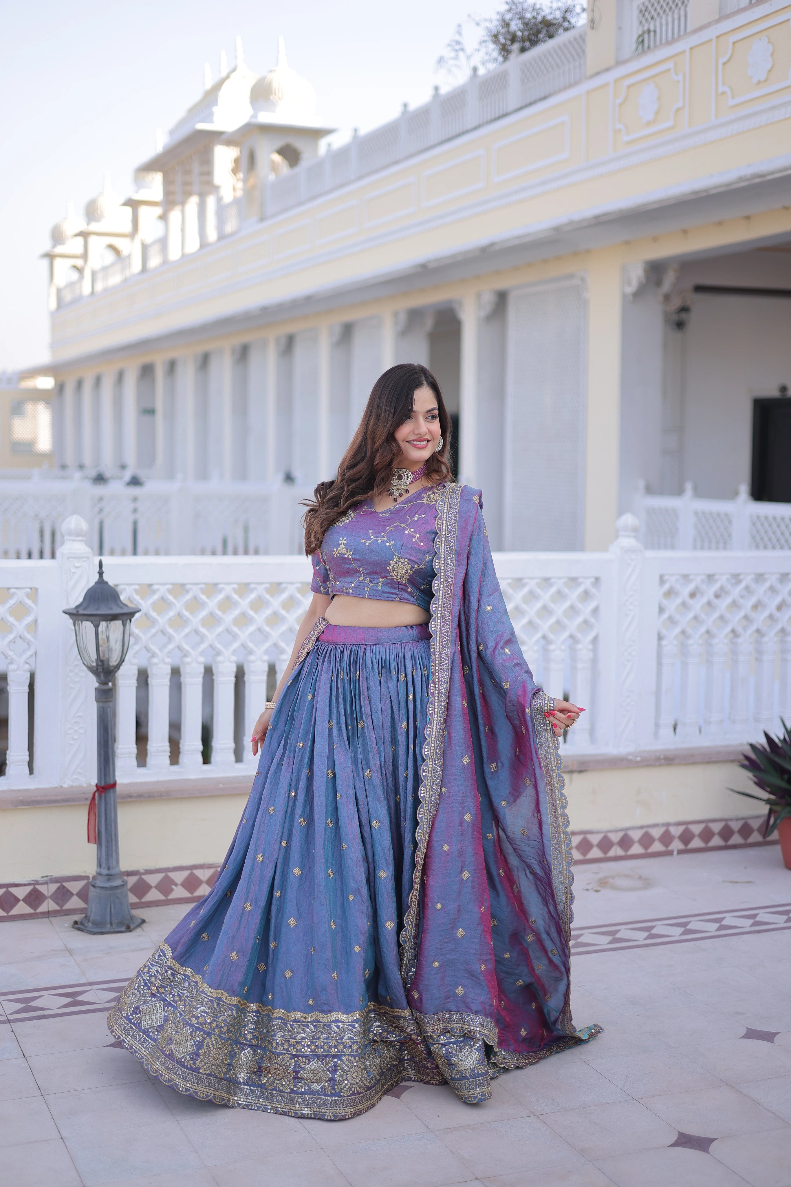 Oryana blue silk lehenga choli with sequins zari embroidered work