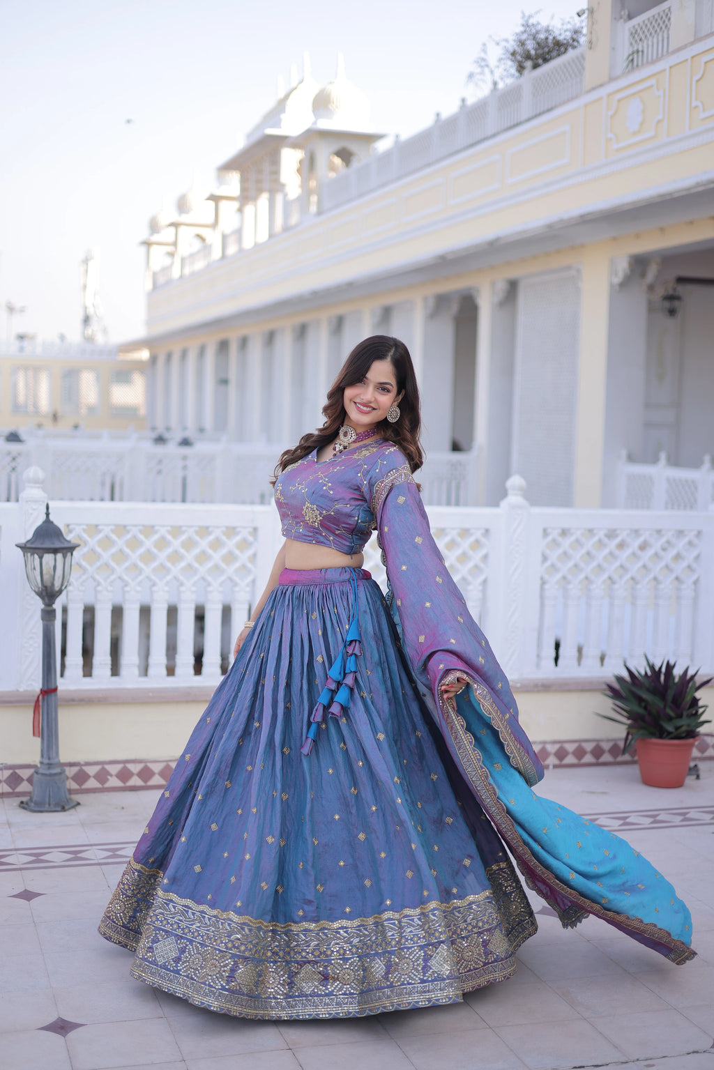 Oryana blue silk lehenga choli with sequins zari embroidered work