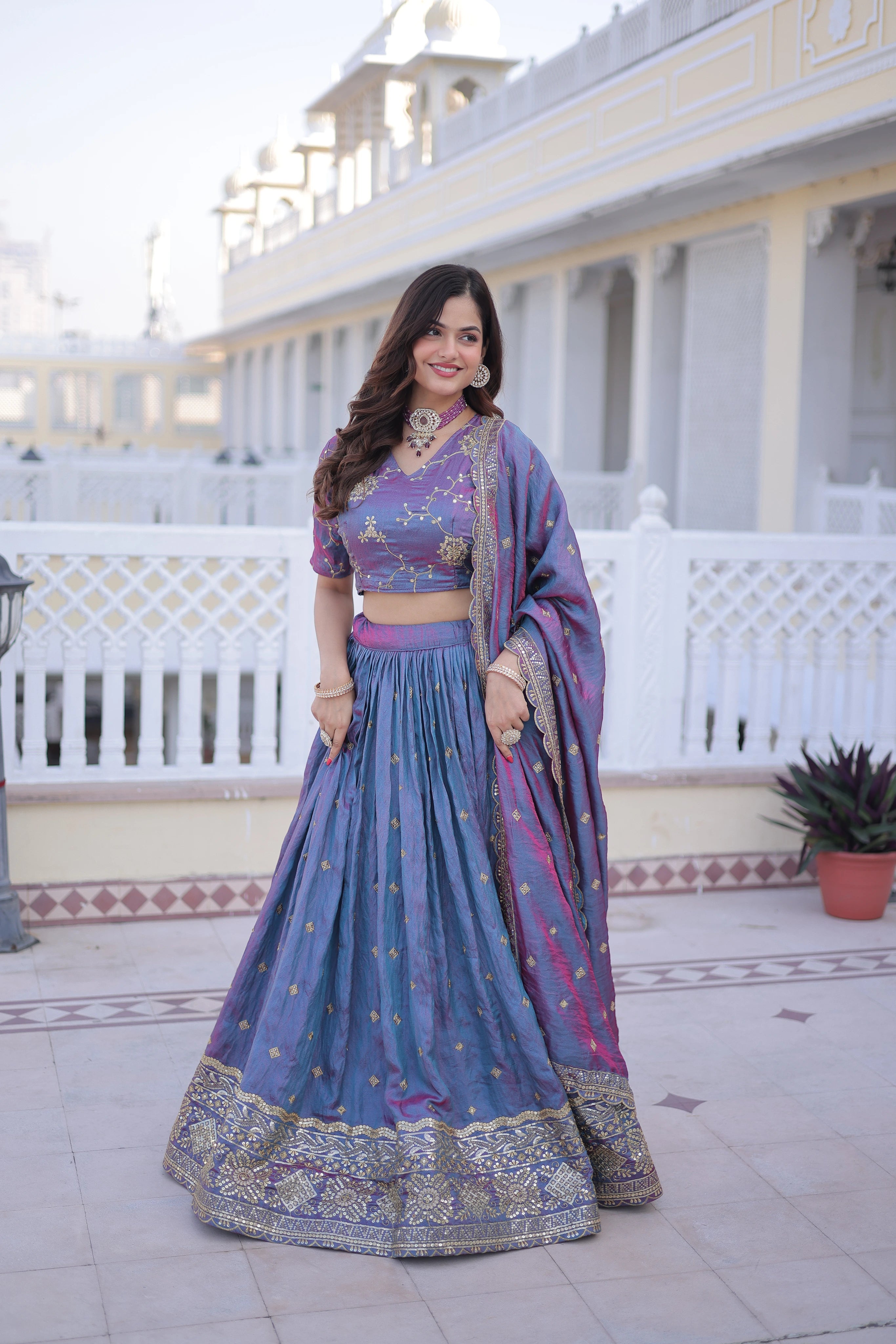 Oryana blue silk lehenga choli with sequins zari embroidered work