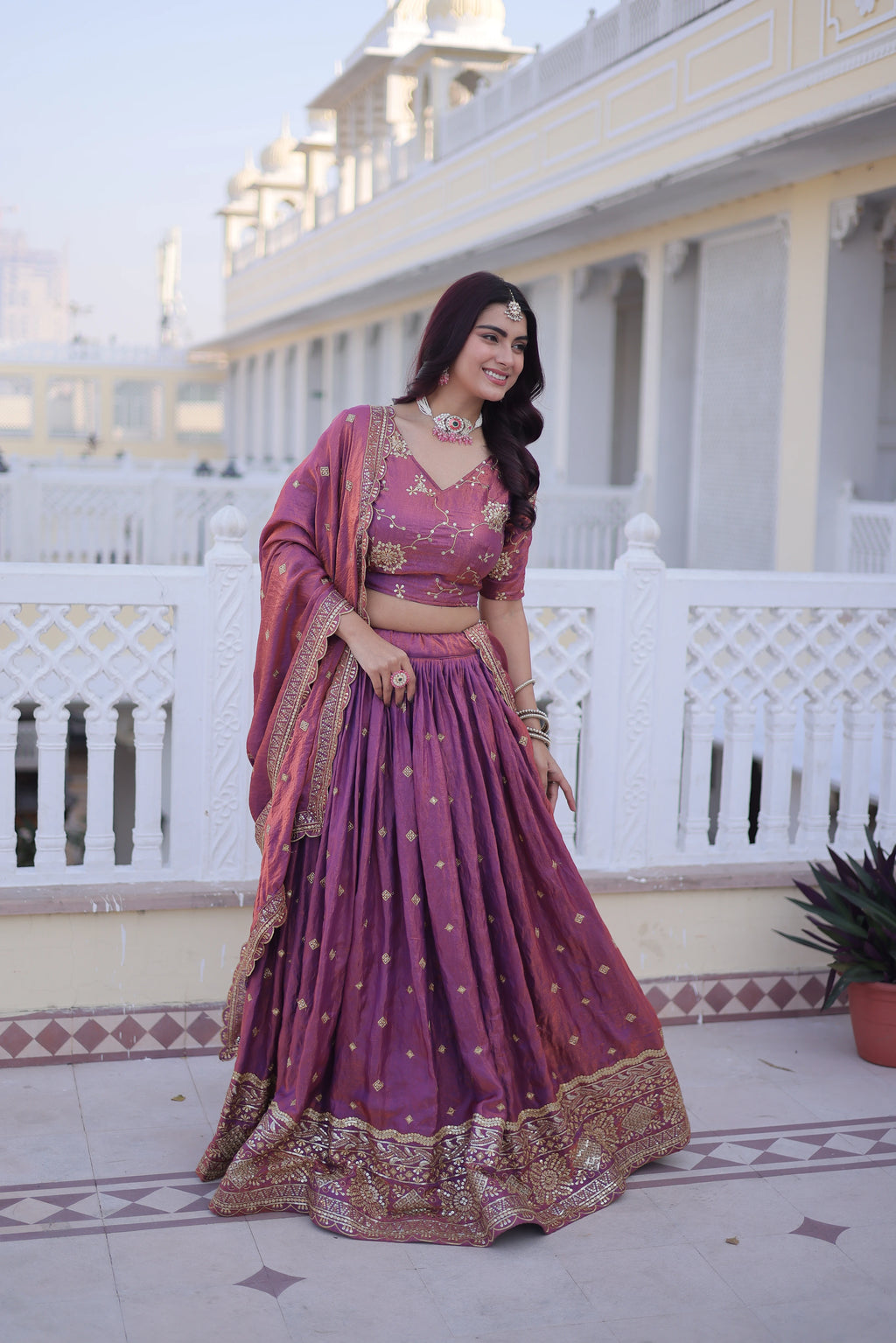 Oryana pink silk lehenga choli with sequins zari embroidered work