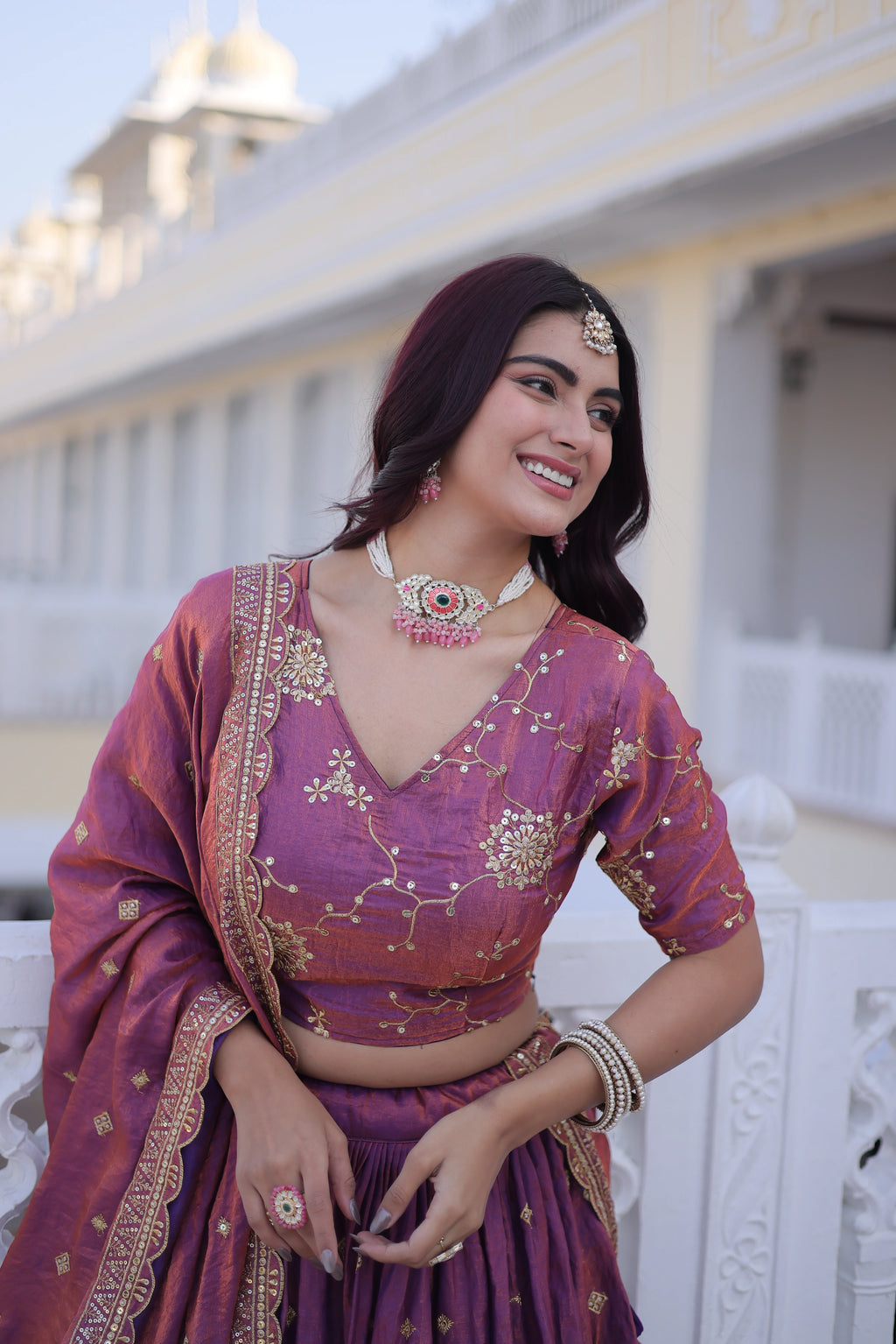 Oryana pink silk lehenga choli with sequins zari embroidered work