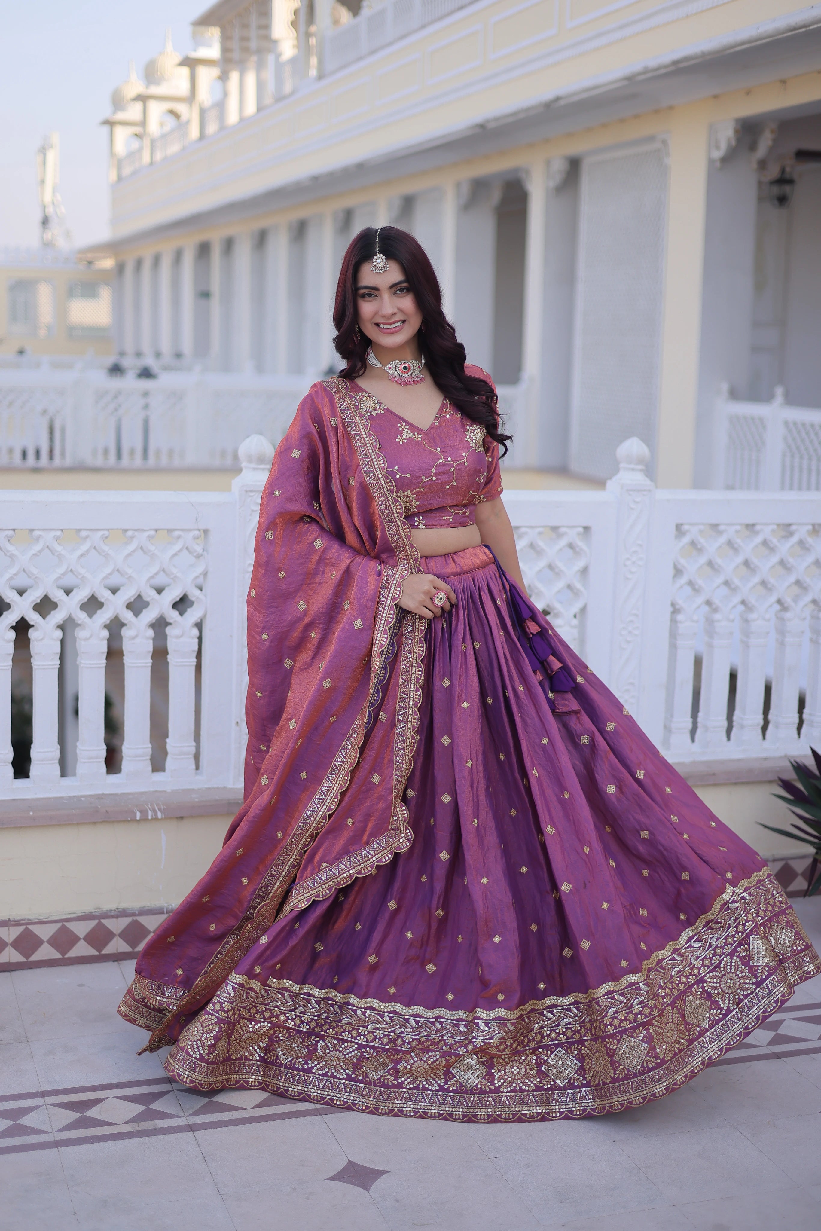 Oryana pink silk lehenga choli with sequins zari embroidered work