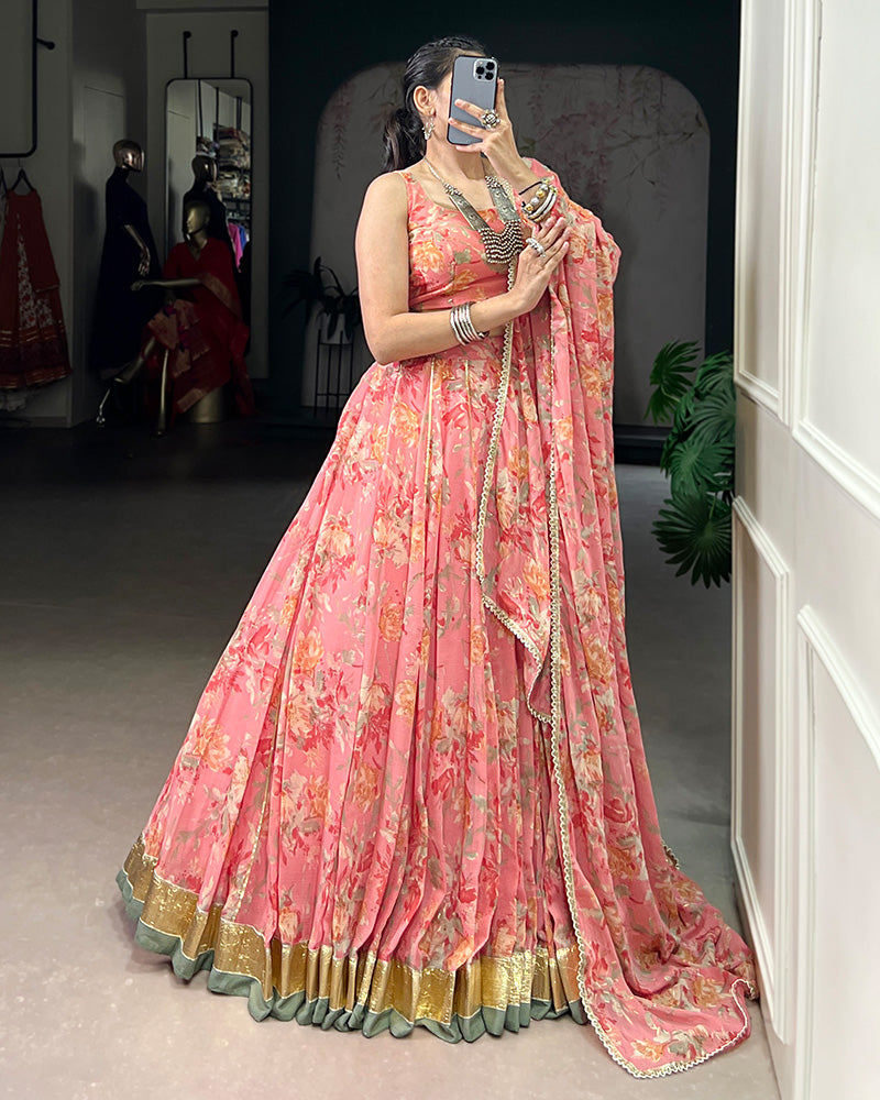 Peach Color Chiffon Floral Printed Lehenga Choli with Dupatta