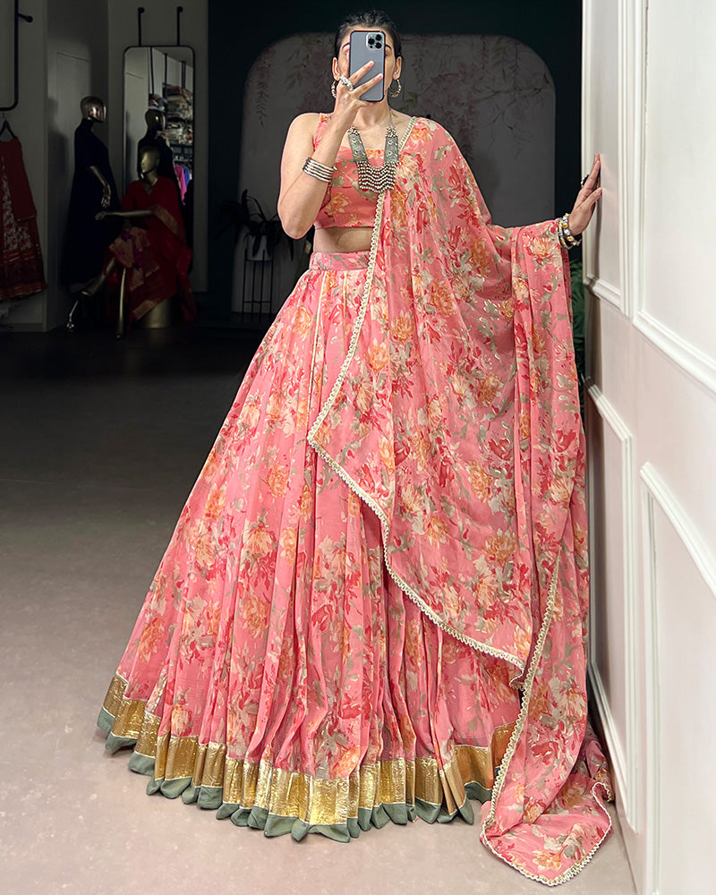 Peach Color Chiffon Floral Printed Lehenga Choli with Dupatta