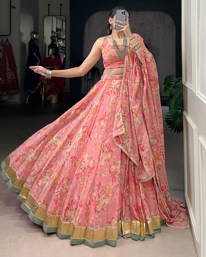 Peach Color Chiffon Floral Printed Lehenga Choli with Dupatta