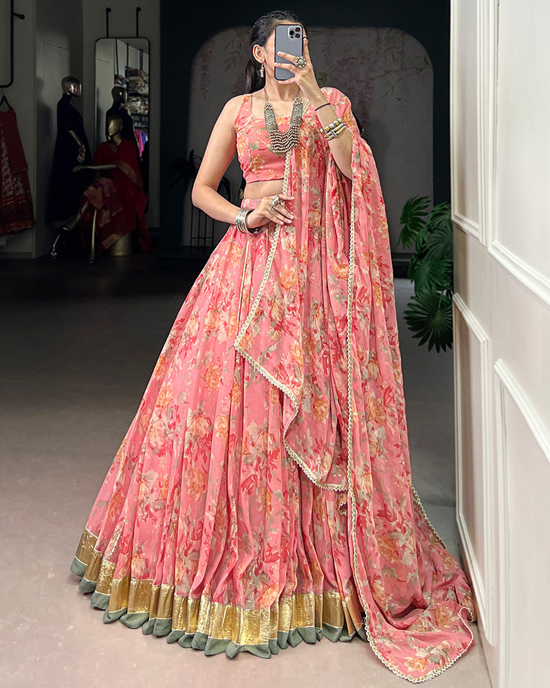 Peach Color Chiffon Floral Printed Lehenga Choli with Dupatta