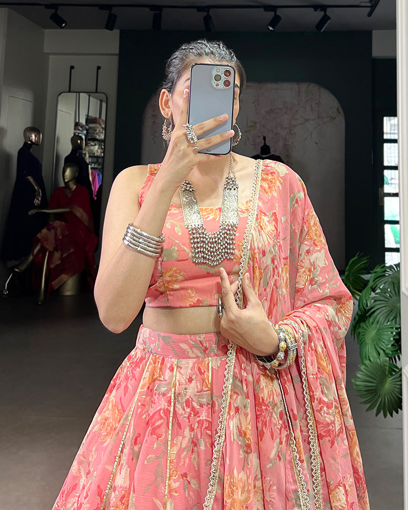 Peach Color Chiffon Floral Printed Lehenga Choli with Dupatta