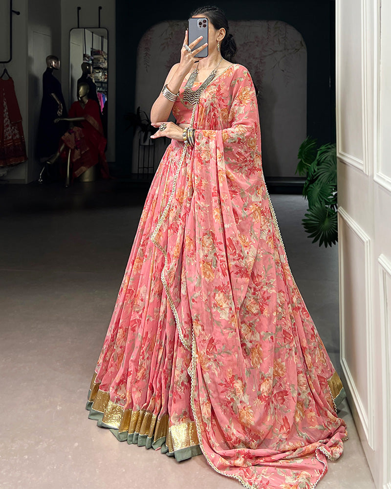 Peach Color Chiffon Floral Printed Lehenga Choli with Dupatta