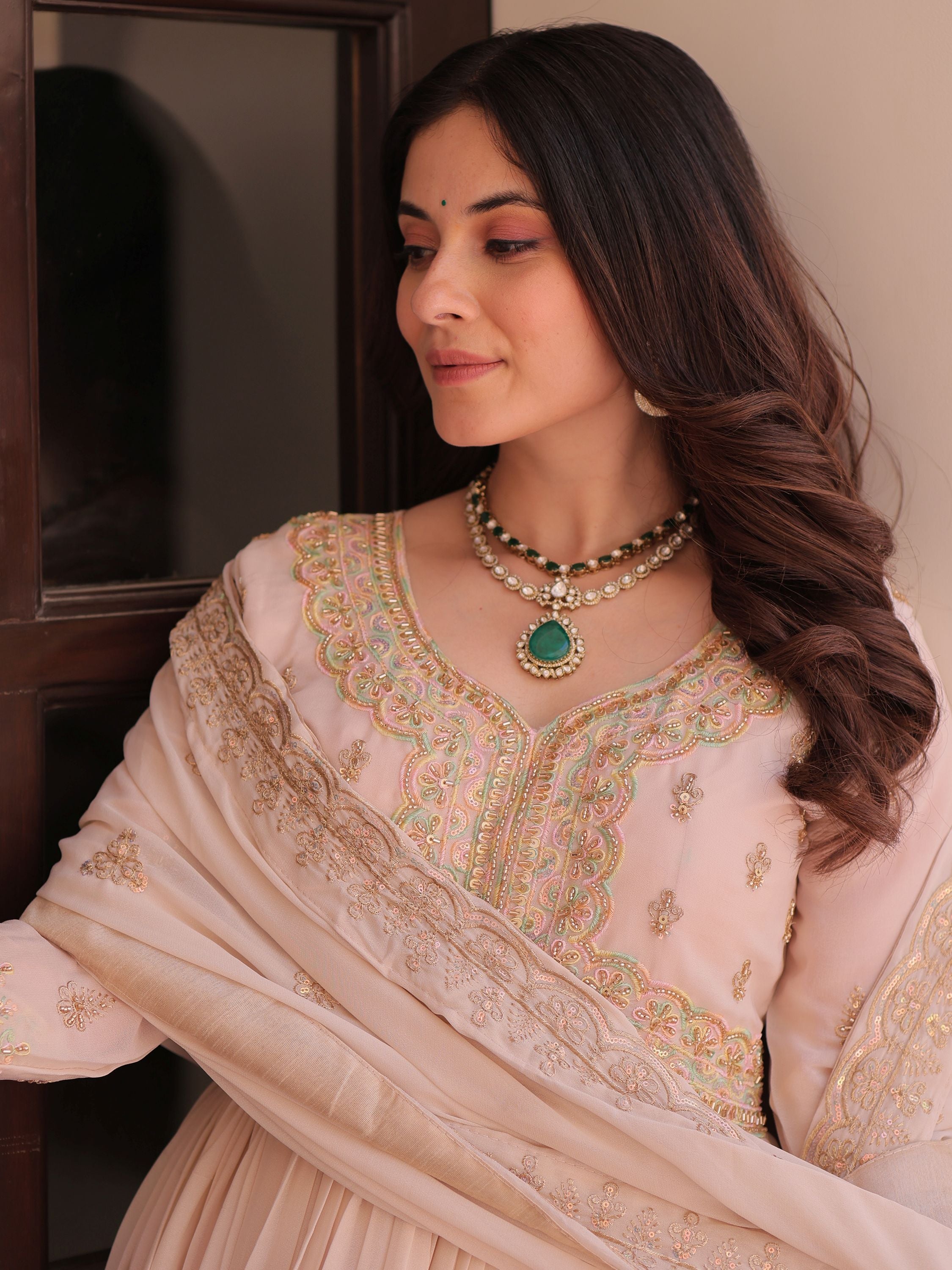 Peach Color Star Georgette Beads Sequins Embroidery Gown with Dupatta