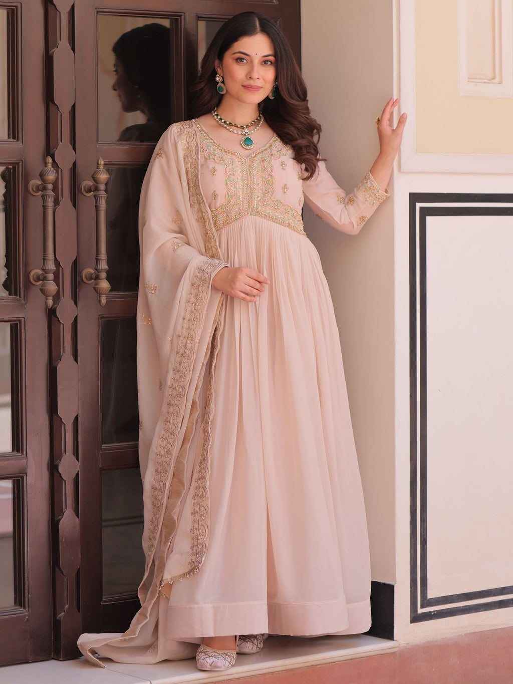 Peach Color Star Georgette Beads Sequins Embroidery Gown with Dupatta