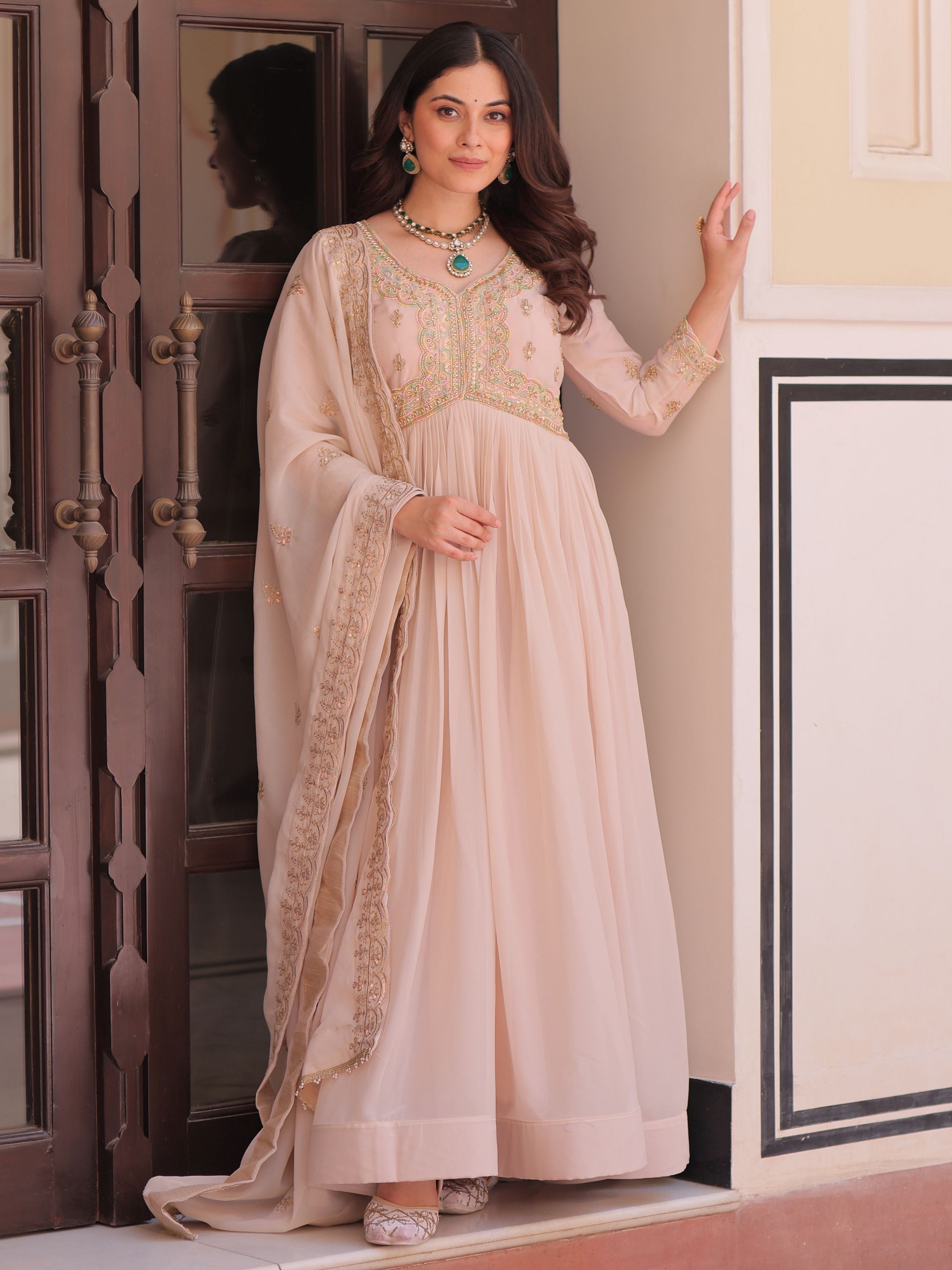 Peach Color Star Georgette Beads Sequins Embroidery Gown with Dupatta