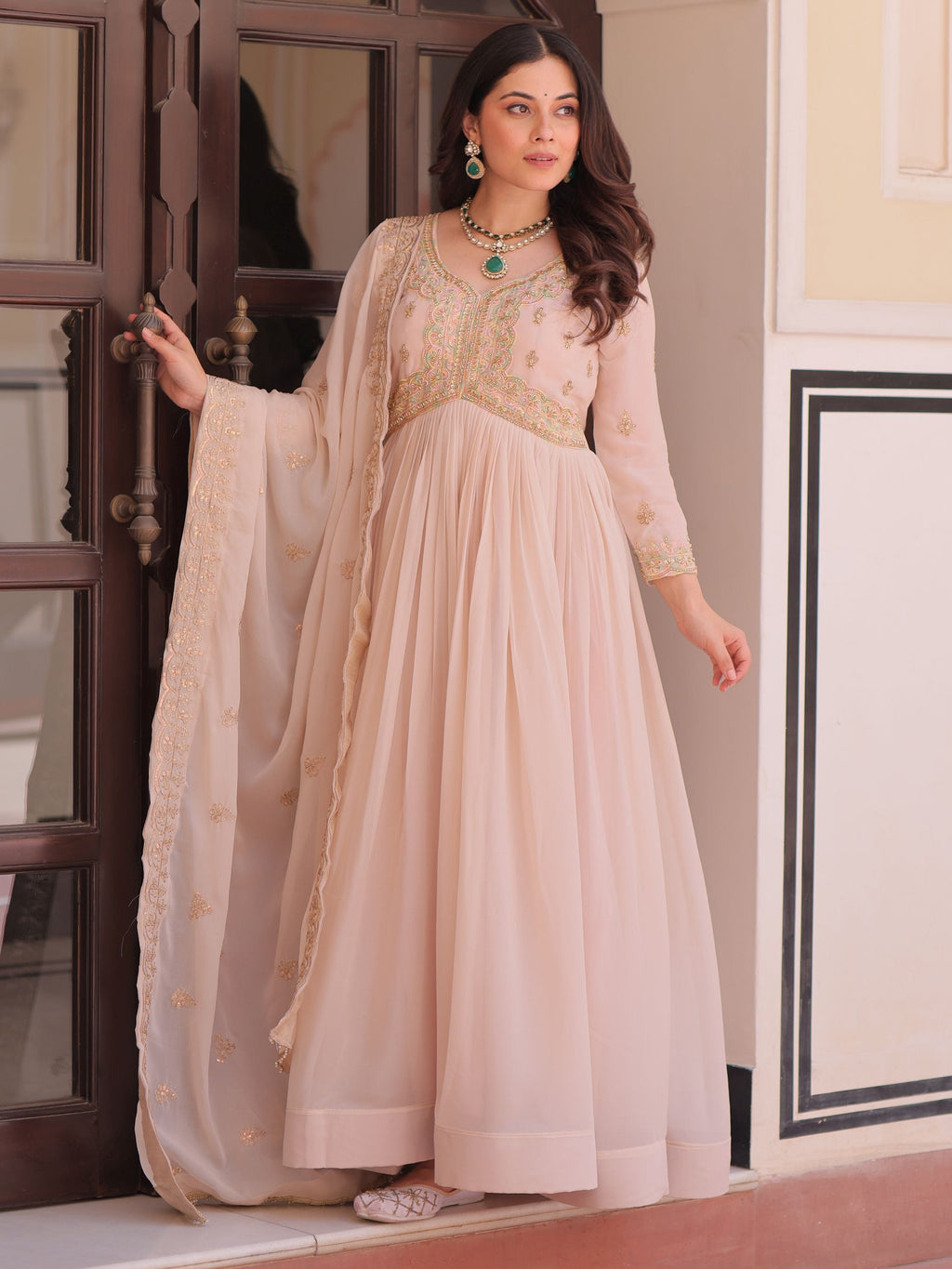 Peach Color Star Georgette Beads Sequins Embroidery Gown with Dupatta