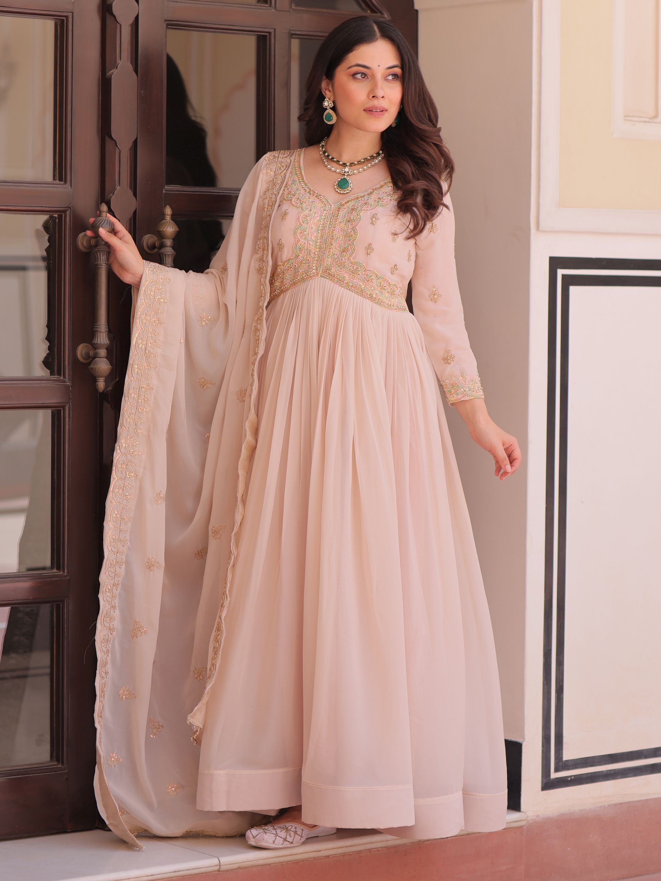 Peach Color Star Georgette Beads Sequins Embroidery Gown with Dupatta