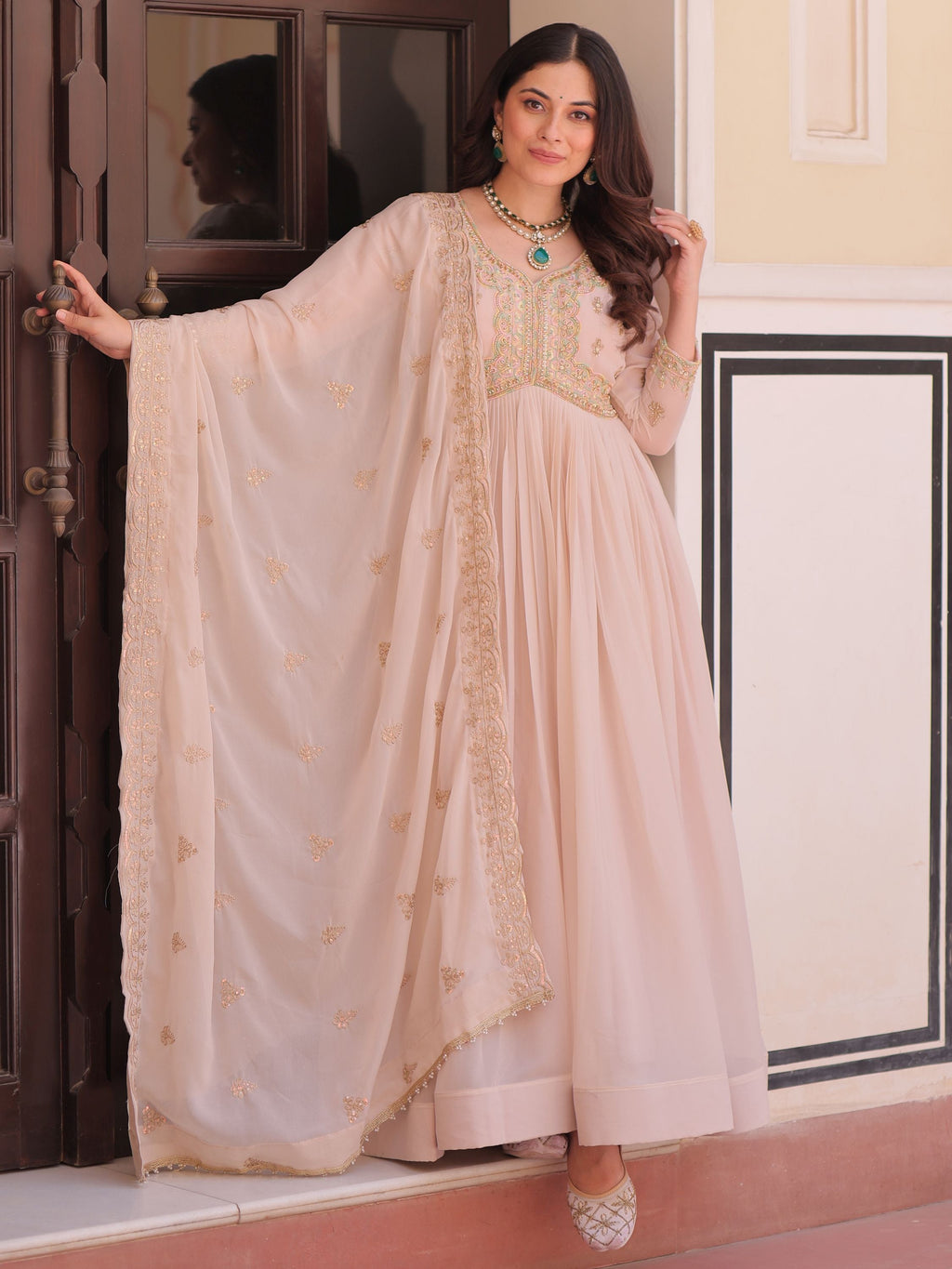 Peach Color Star Georgette Beads Sequins Embroidery Gown with Dupatta