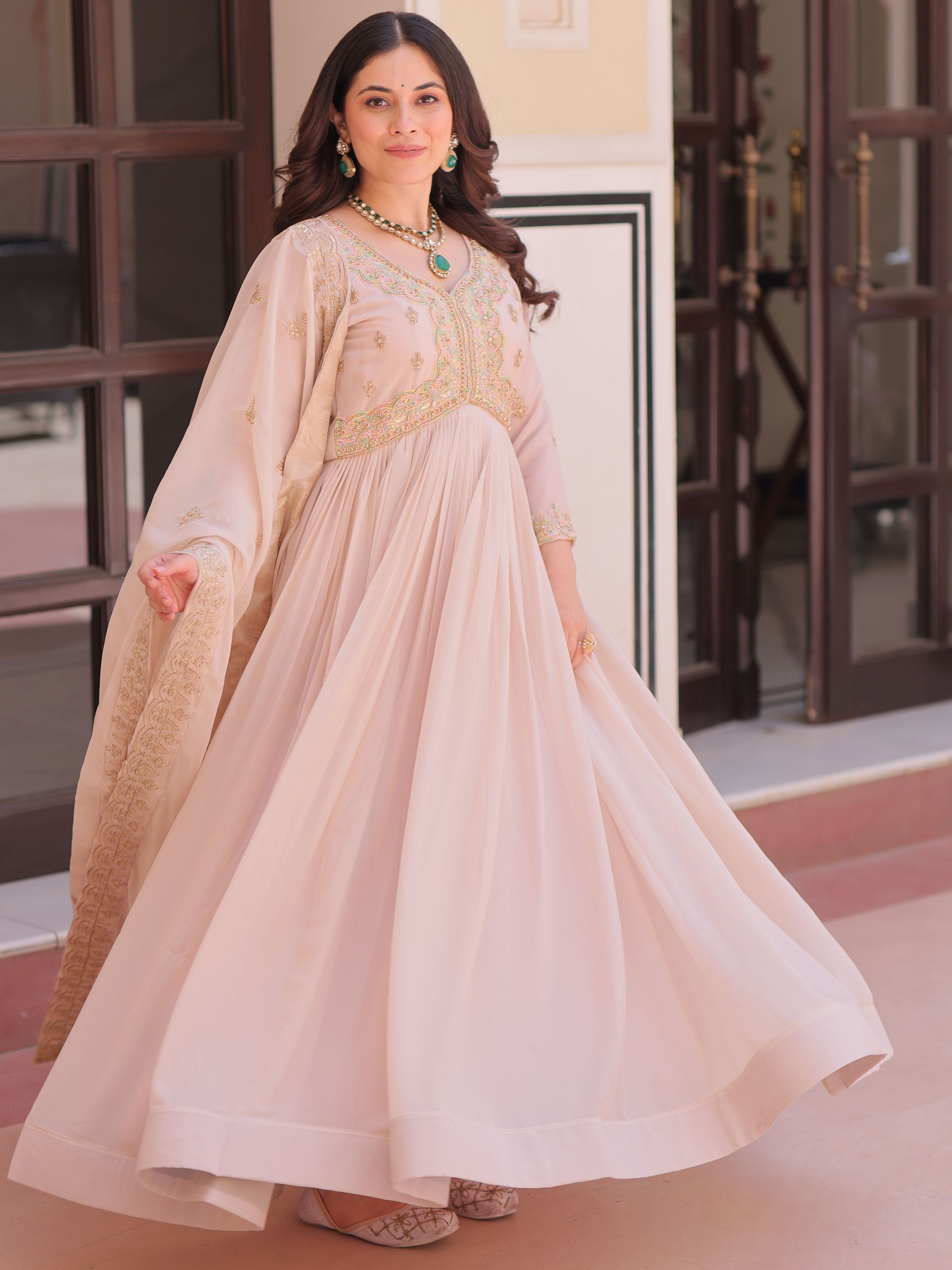 Peach Color Star Georgette Beads Sequins Embroidery Gown with Dupatta