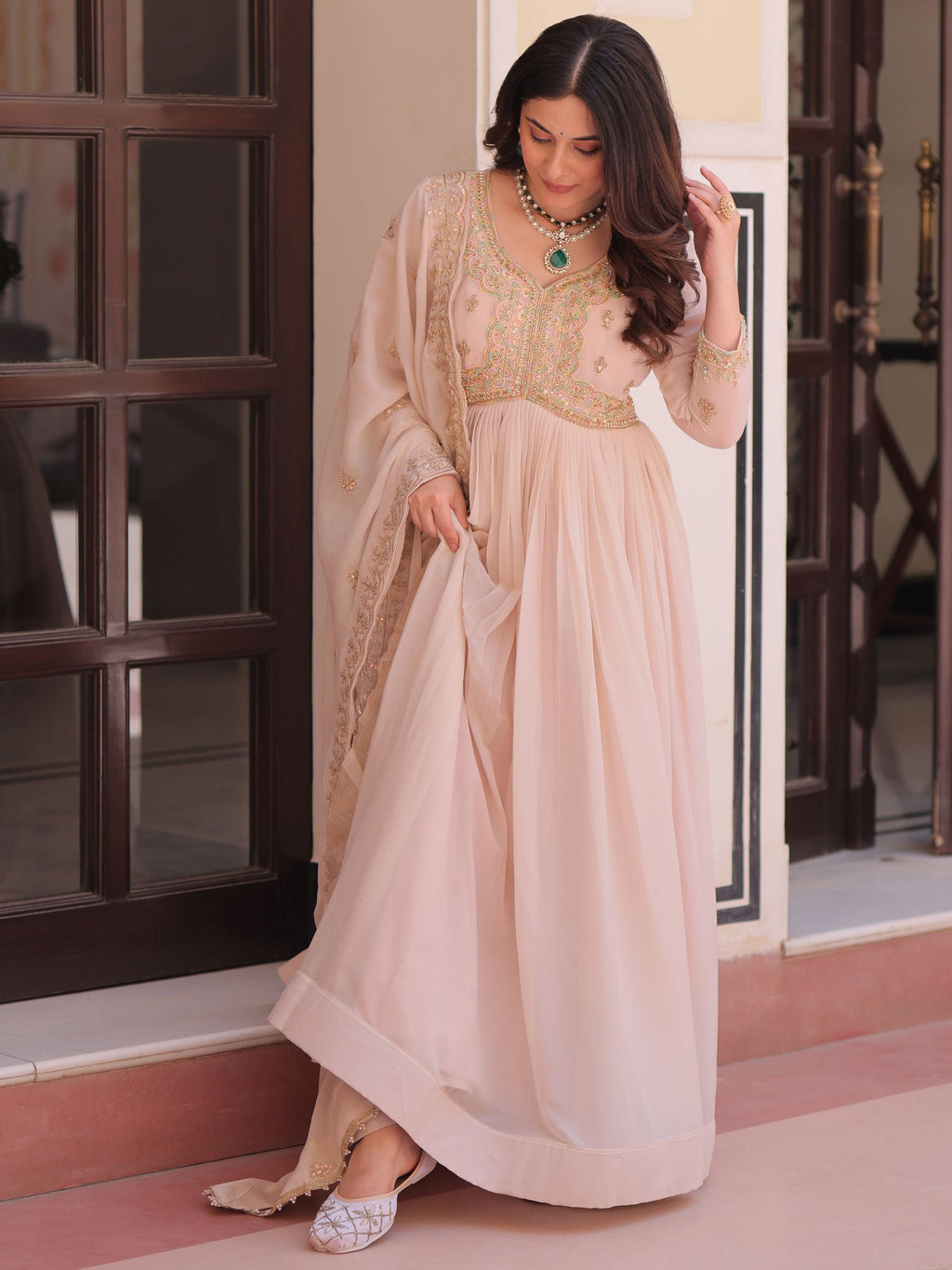 Peach Color Star Georgette Beads Sequins Embroidery Gown with Dupatta