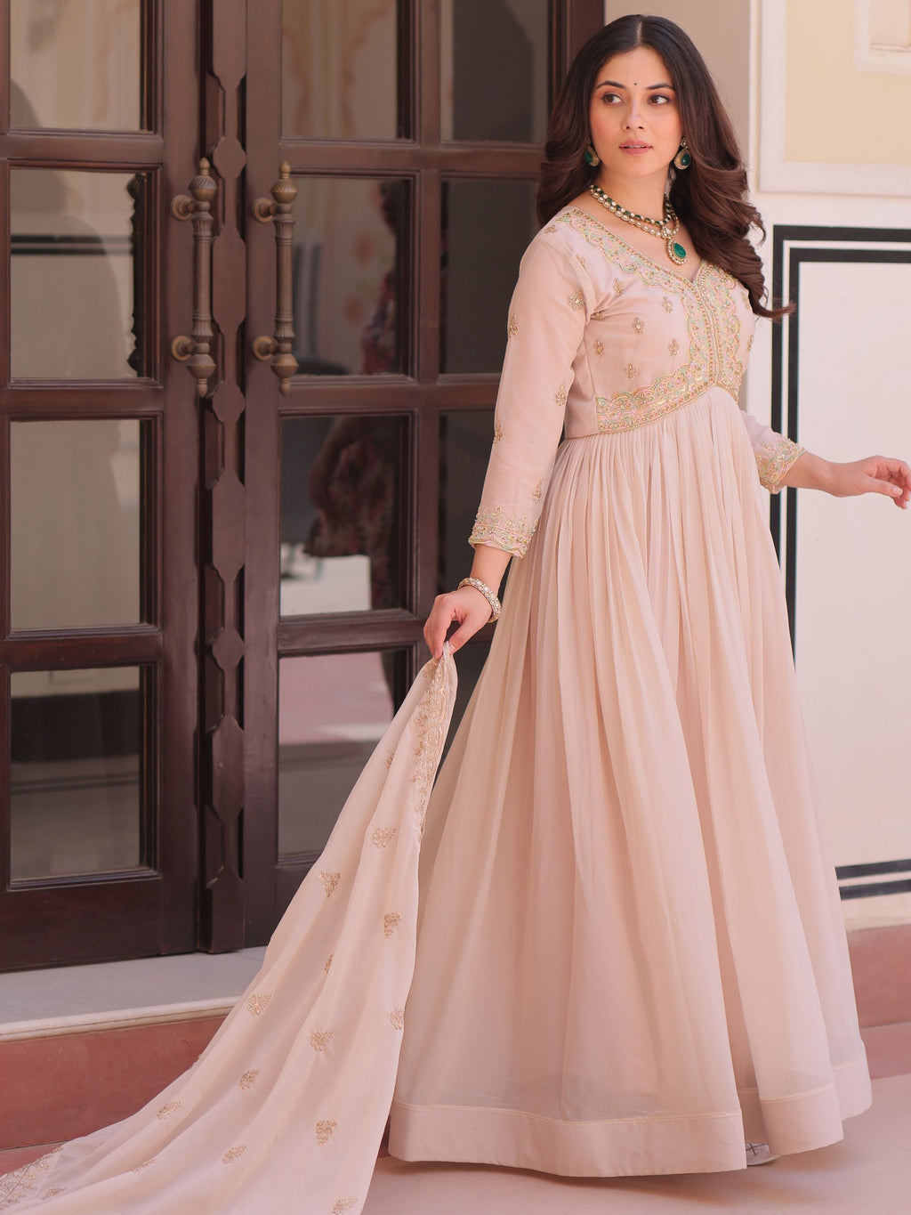 Peach Color Star Georgette Beads Sequins Embroidery Gown with Dupatta