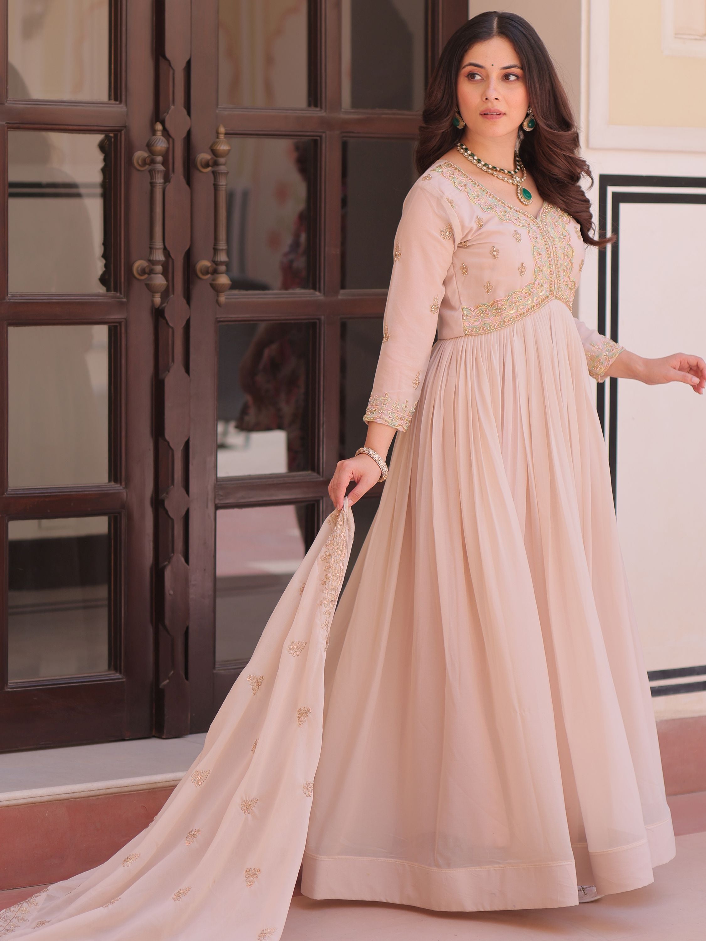 Peach Color Star Georgette Beads Sequins Embroidery Gown with Dupatta