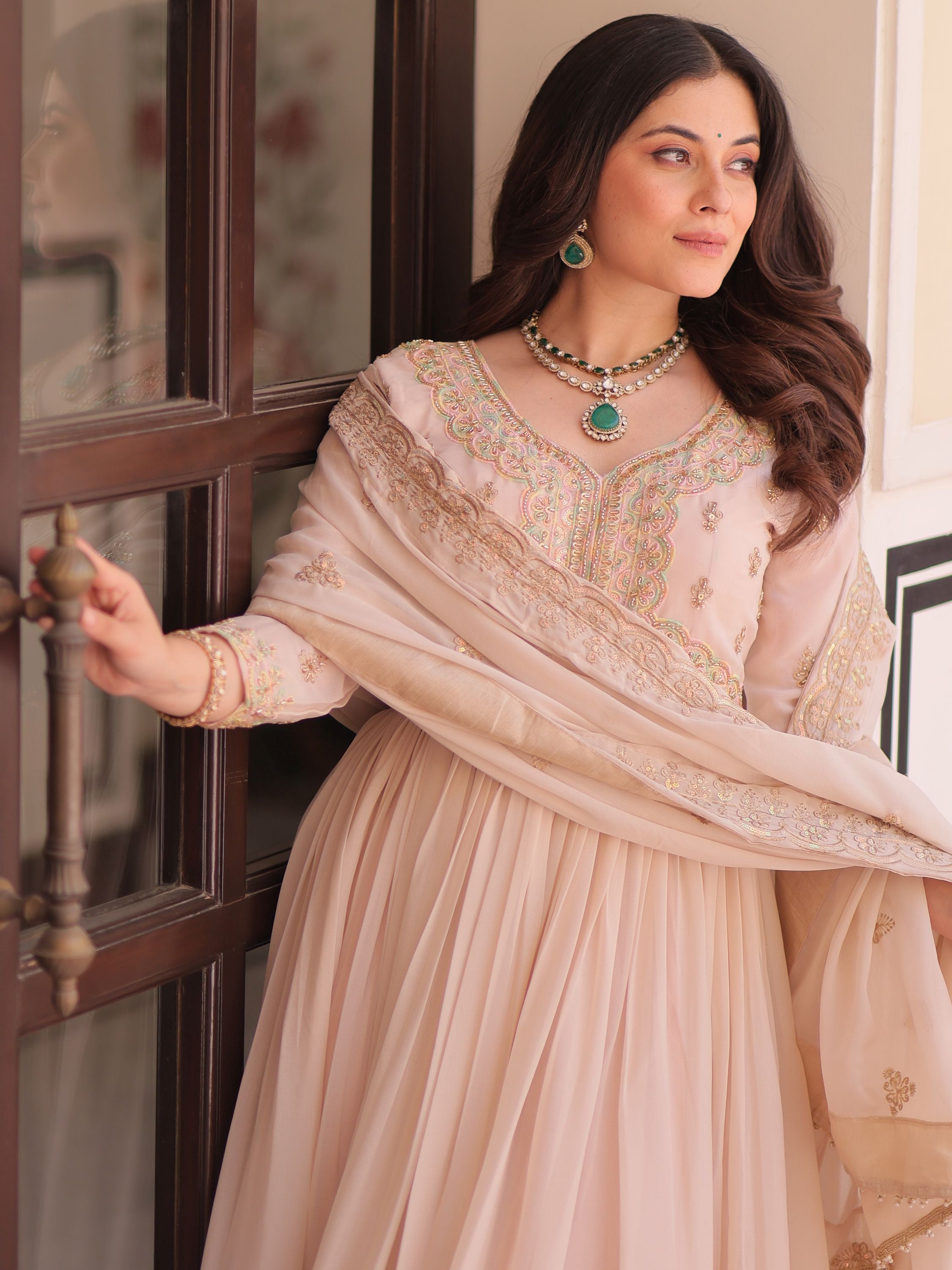 Peach Color Star Georgette Beads Sequins Embroidery Gown with Dupatta