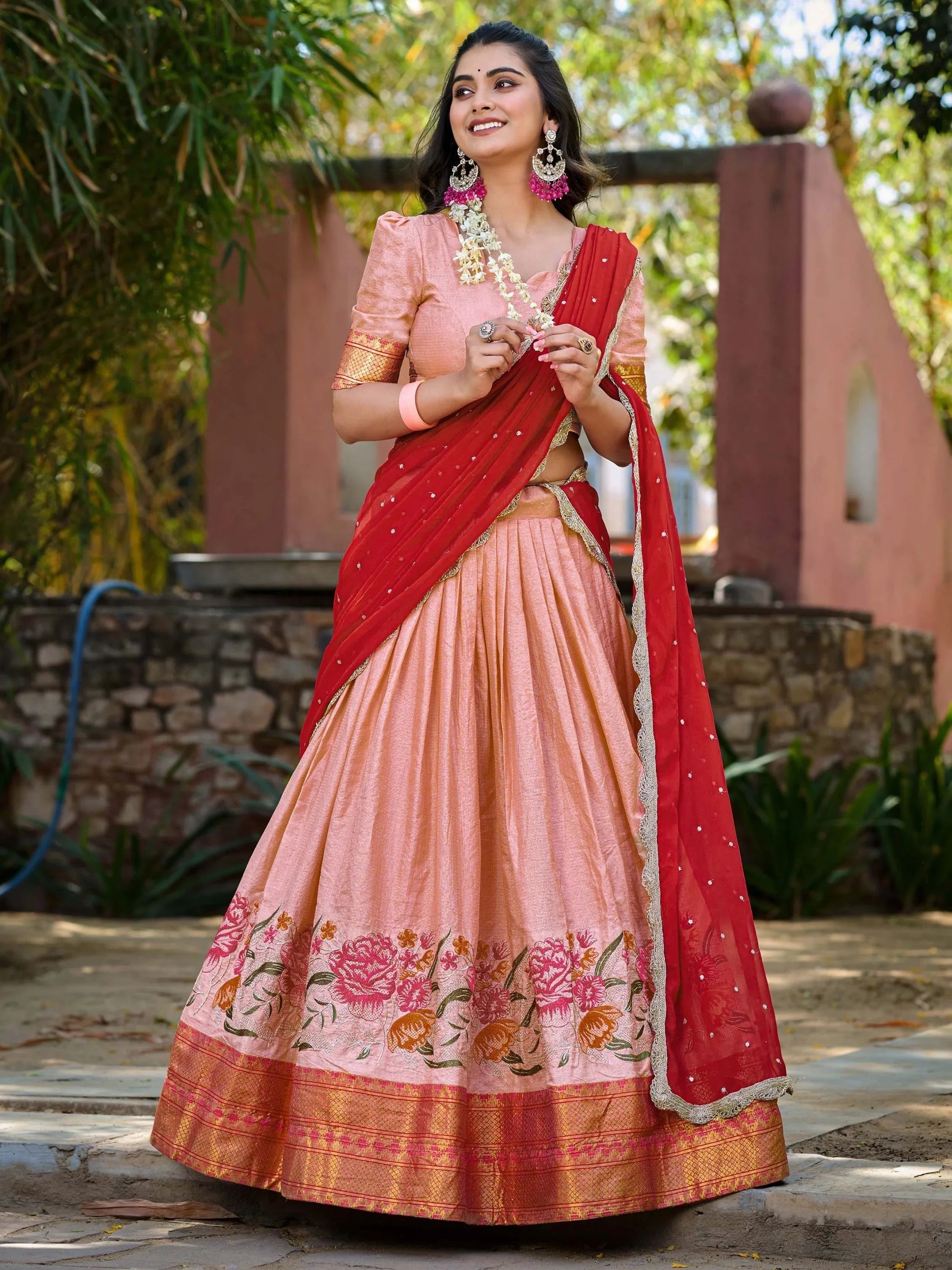 Peach Cotton Silk Embroidered Lehenga Choli Set with Dupatta