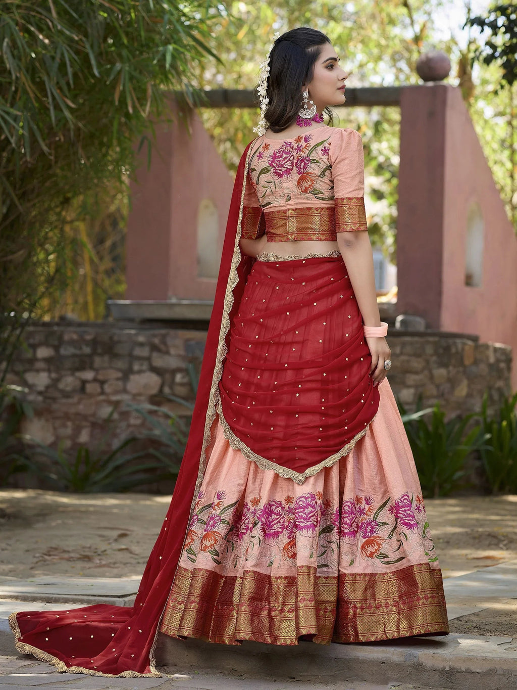 Peach Cotton Silk Embroidered Lehenga Choli Set with Dupatta