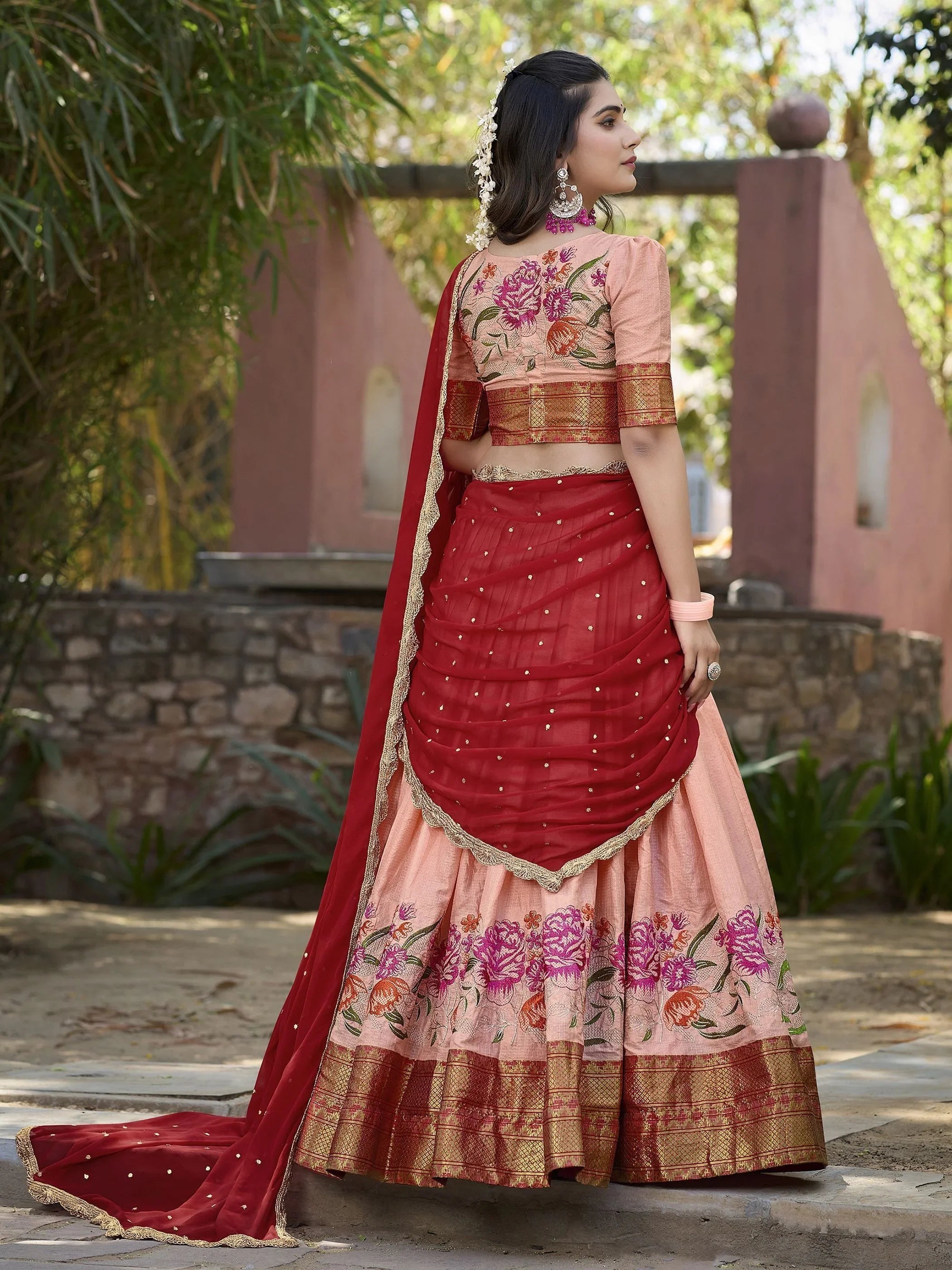 Peach Cotton Silk Embroidered Lehenga Choli Set with Dupatta