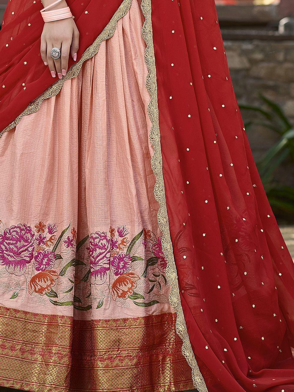 Peach Cotton Silk Embroidered Lehenga Choli Set with Dupatta