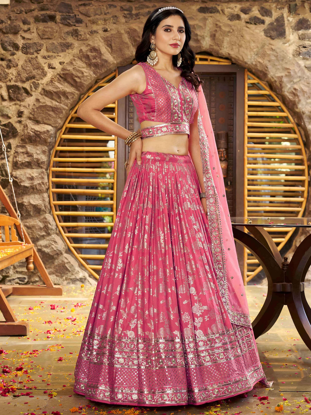 Peach Dola silk jacquard embroidered lehenga choli with dupatta